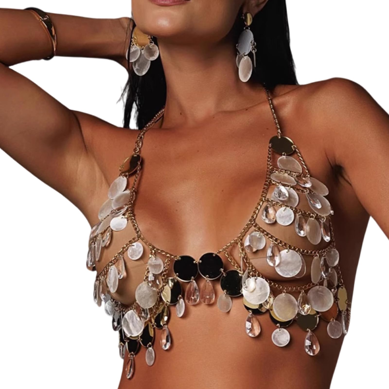 Women's Sequins Crystal Tassels Chest Chain Halterneck Crop Top Backless Body Jewelry Bralette Festivals Party Outfit Sequins Night Out Top