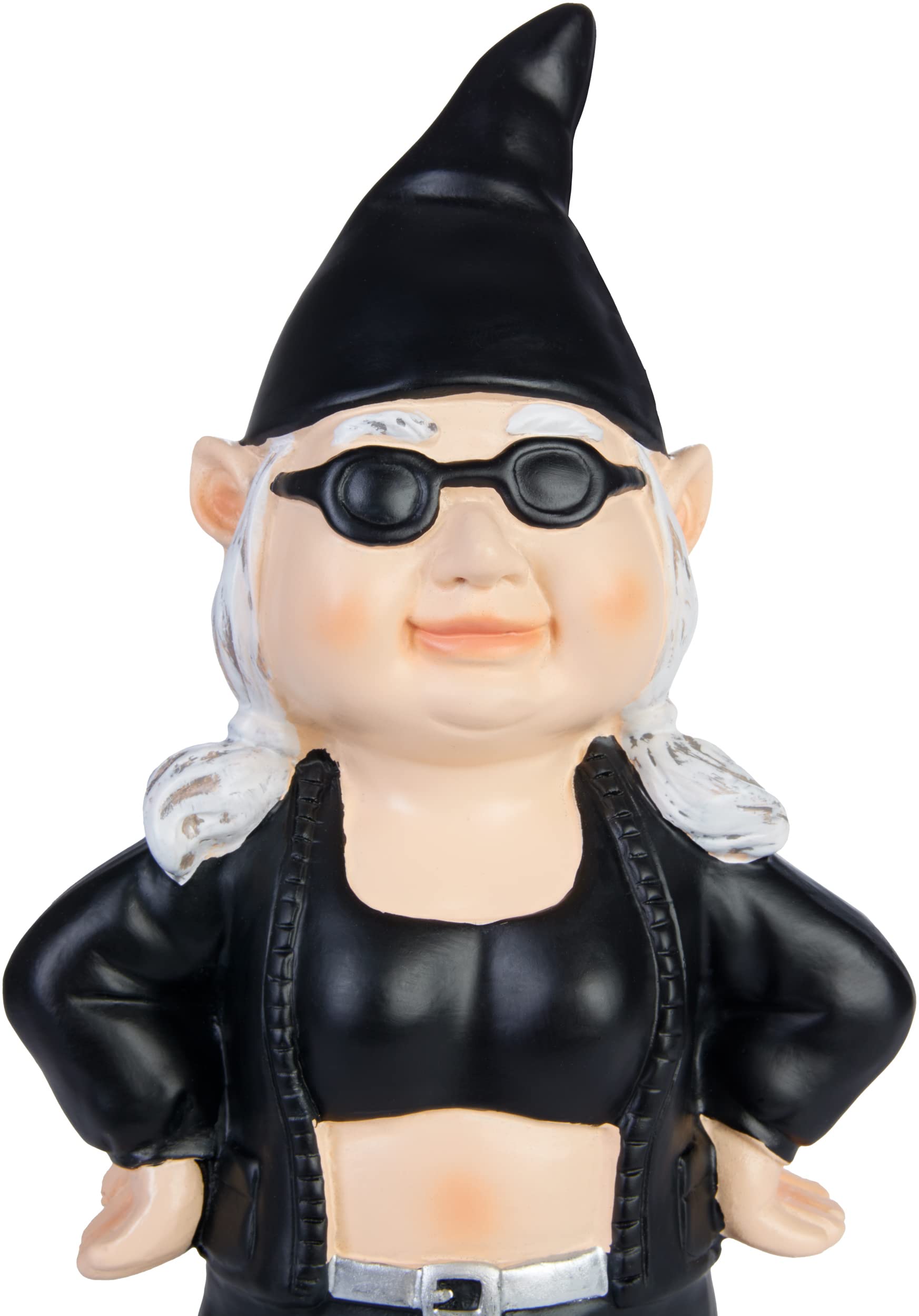 BRUBAKER Gnomo de Jardín Guay Motorista Negra - Enana Rockera con Gafas de Sol - Divertida Decoración Resistente a la Intemperie para el Jardín y Camping - 23 cm de Altura