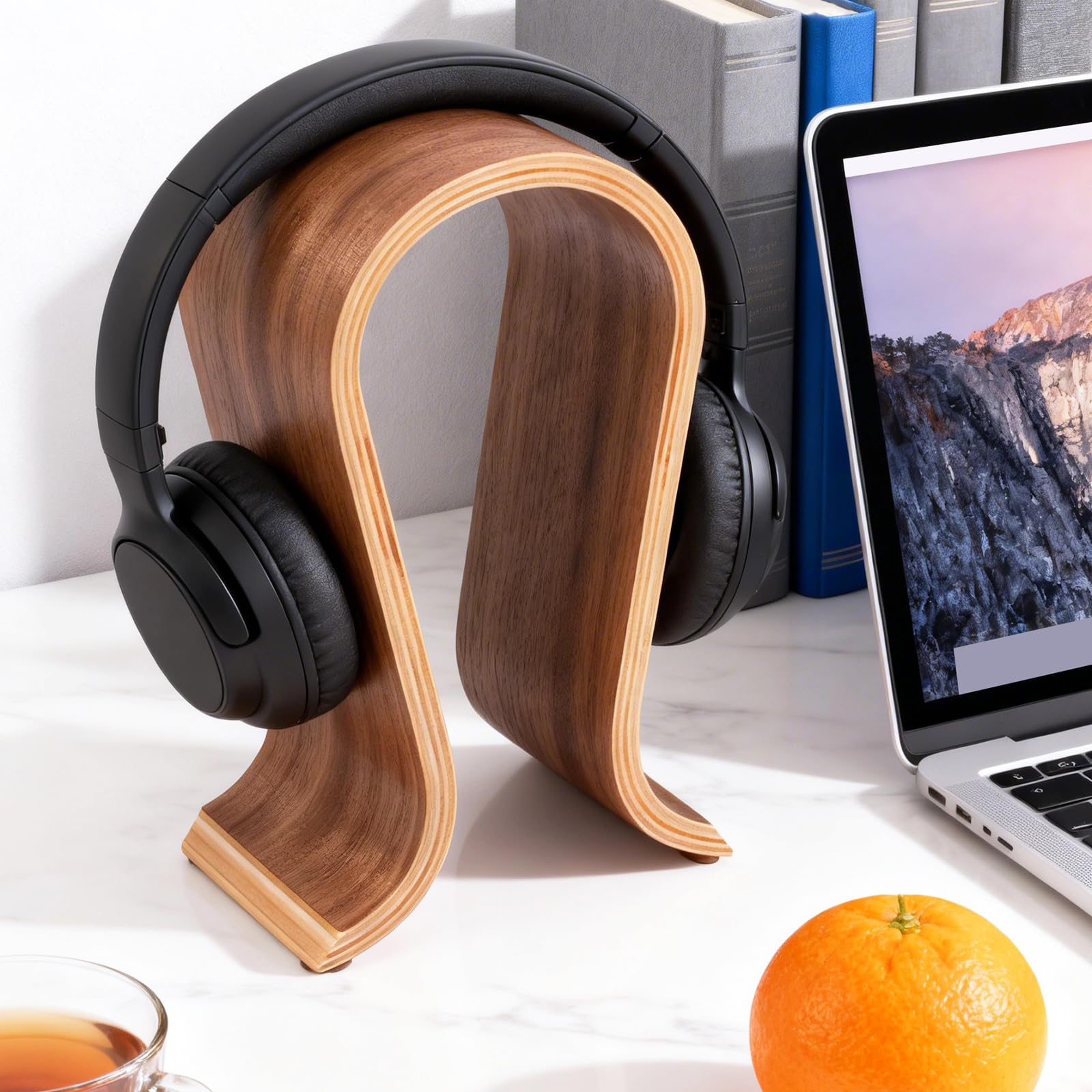 Support de casque en bois de noyer pour casque de bureau, support de casque de jeu, design de pont d'arc, compatibilité universelle