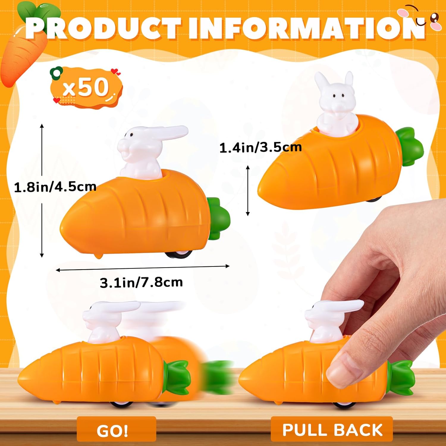 RoundFunny 50 Pcs Easter Radish Rabbit Pull Back Car Easter Egg Carrot Pull Back Car Cute Plastic Bunny Party Favors Mini Egg Fillers Cars for Birthday Gifts Basket Stuffers Prizes