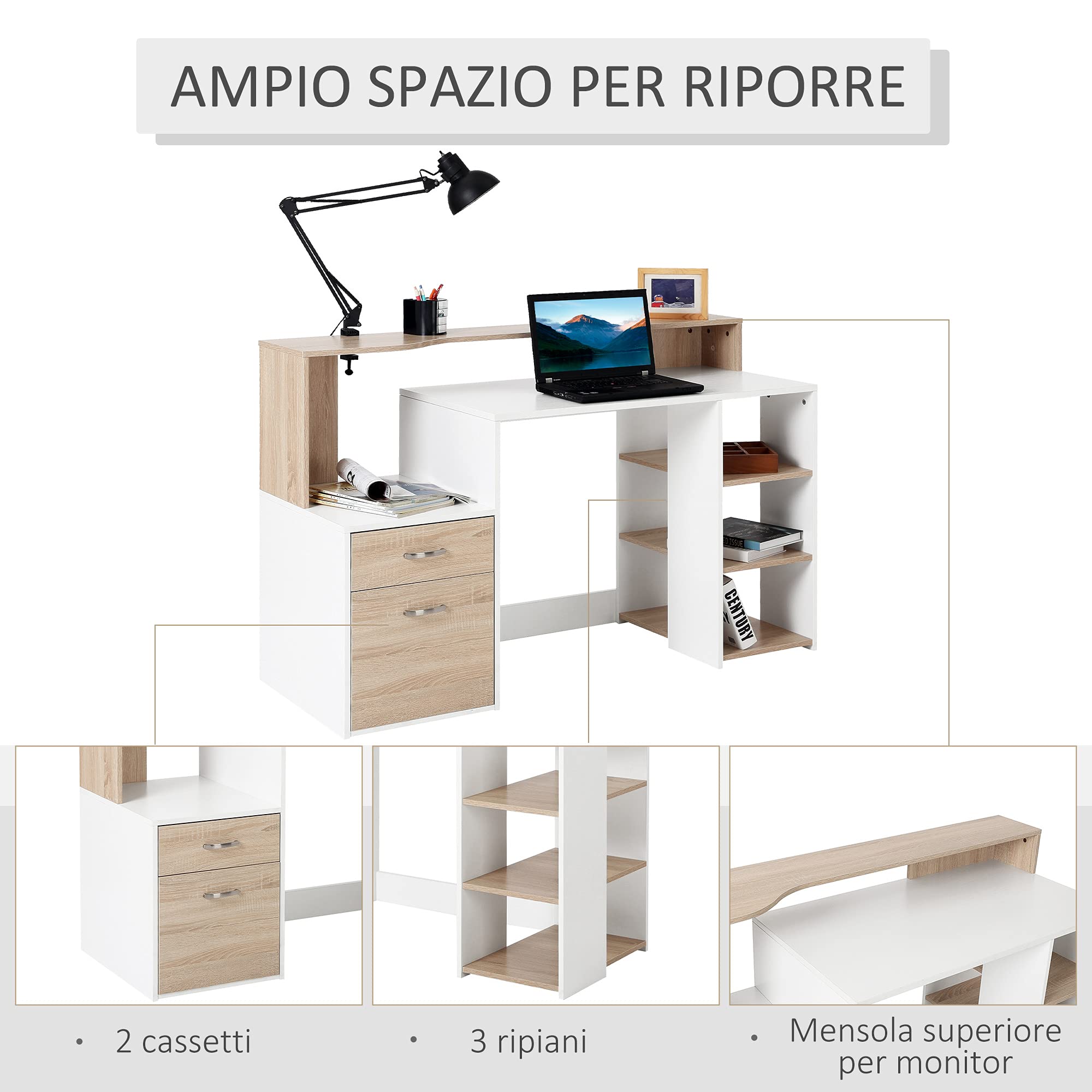 HOMCOM – Moderna Scrivania per Computer con Ripiani in Legno MDF 137 x 55 x 92cm