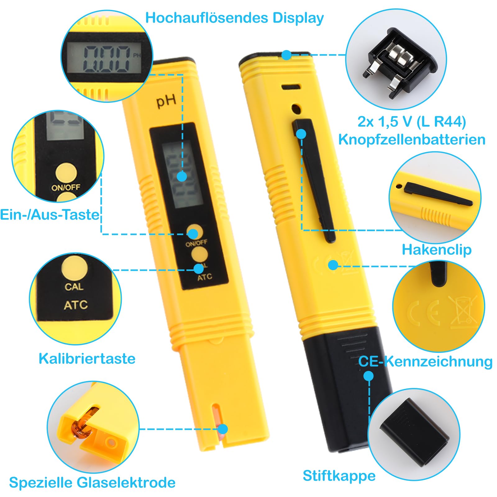 PH Messgerät, PH TDS EC und Temperatur 4 in 1 Set, Wasserqualität Tester mit hoher Genauigkeit, Pool Tester mit LCD-Display, Leitfähigkeitsmesser für Schwimmbad, Trinkwasser, Aquarium