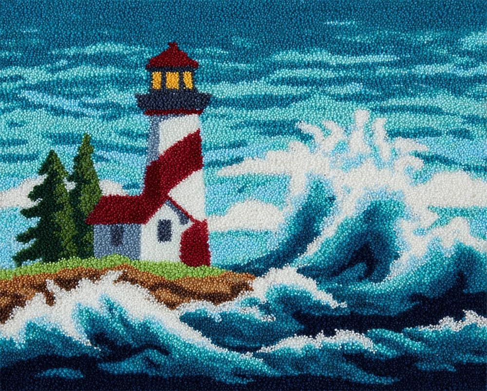 Kitquiver Rug Kits for Adults Latch Hook Pre Printed Seaside Lighthouse DIY Crochet Yarn Embroidery Handmade Needlework with Printed Canvas for Home Decoration 39X55In