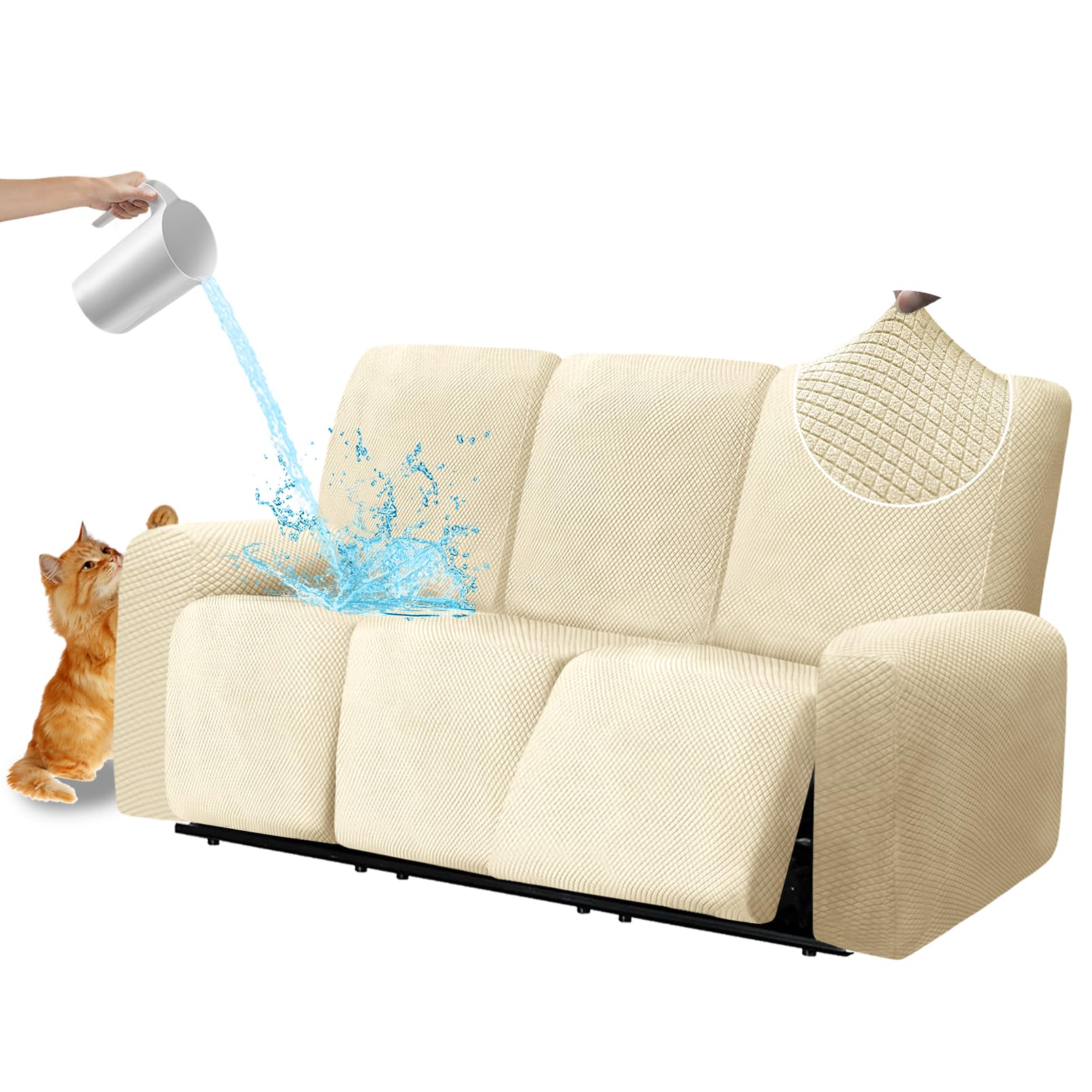 100% Waterproof Couch Covers for Reclining Couches 3 Seater Recliner Sofa Cover for 3 Cushion Couch 8-Piece Stretch Jacquard Fleece Anti Slip Recliner Slipcover Washable (3 Seat, Beige)