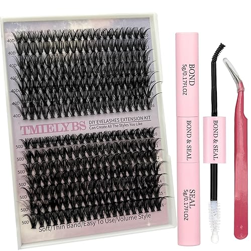TIMELABS - Kit de extensiones de pestañas individuales, 280 unidades, mezcla de racimos 40D, 50D, 0.47-0.630 pulgadas, con unión de pestañas, sello