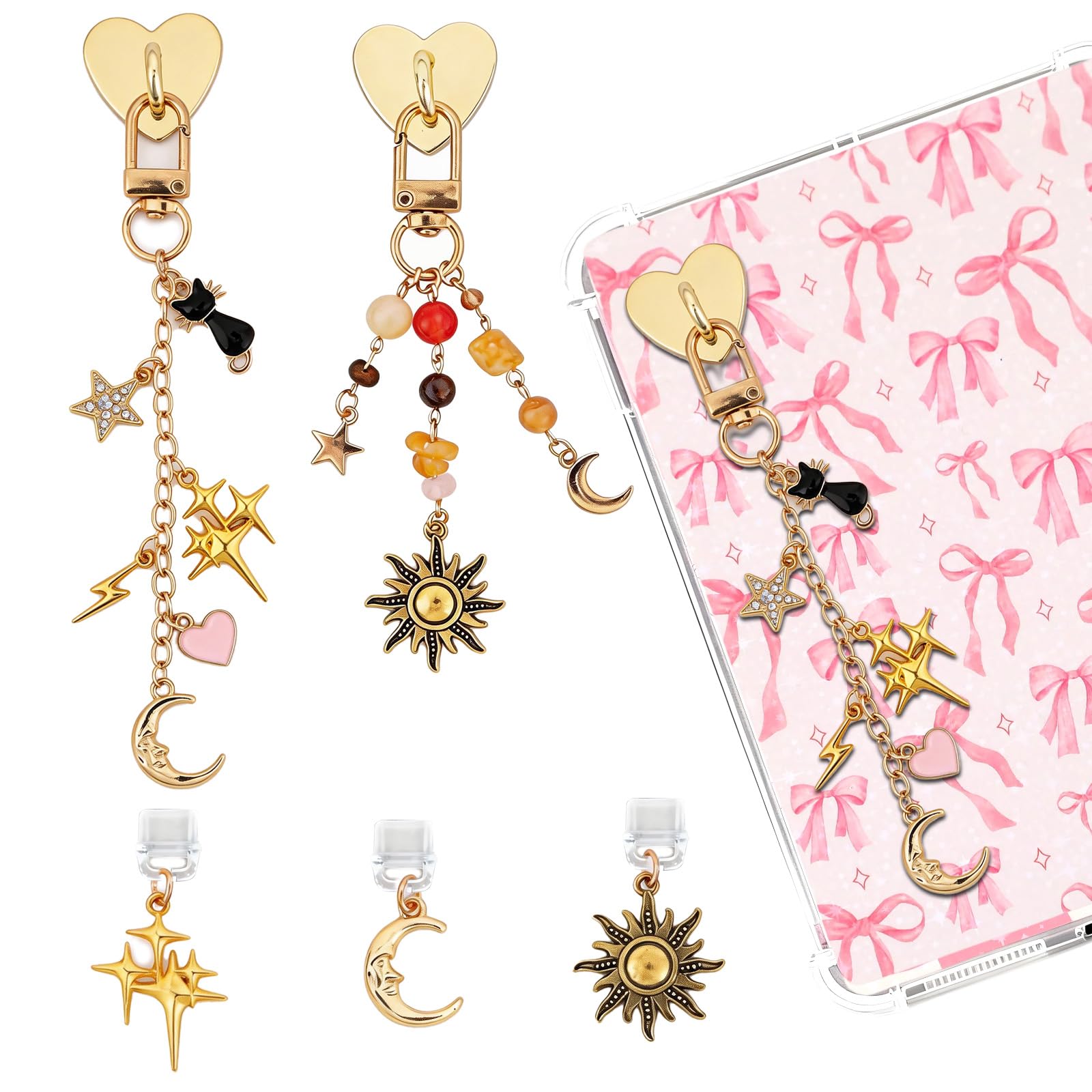 5PCS Crystal Charms for Kindle - Fantasy Mystical Star Moon Sun Chains with Type C Dust Plug, Charm for Readers Book Lovers, Compatible for E-Reader Phones Paper White