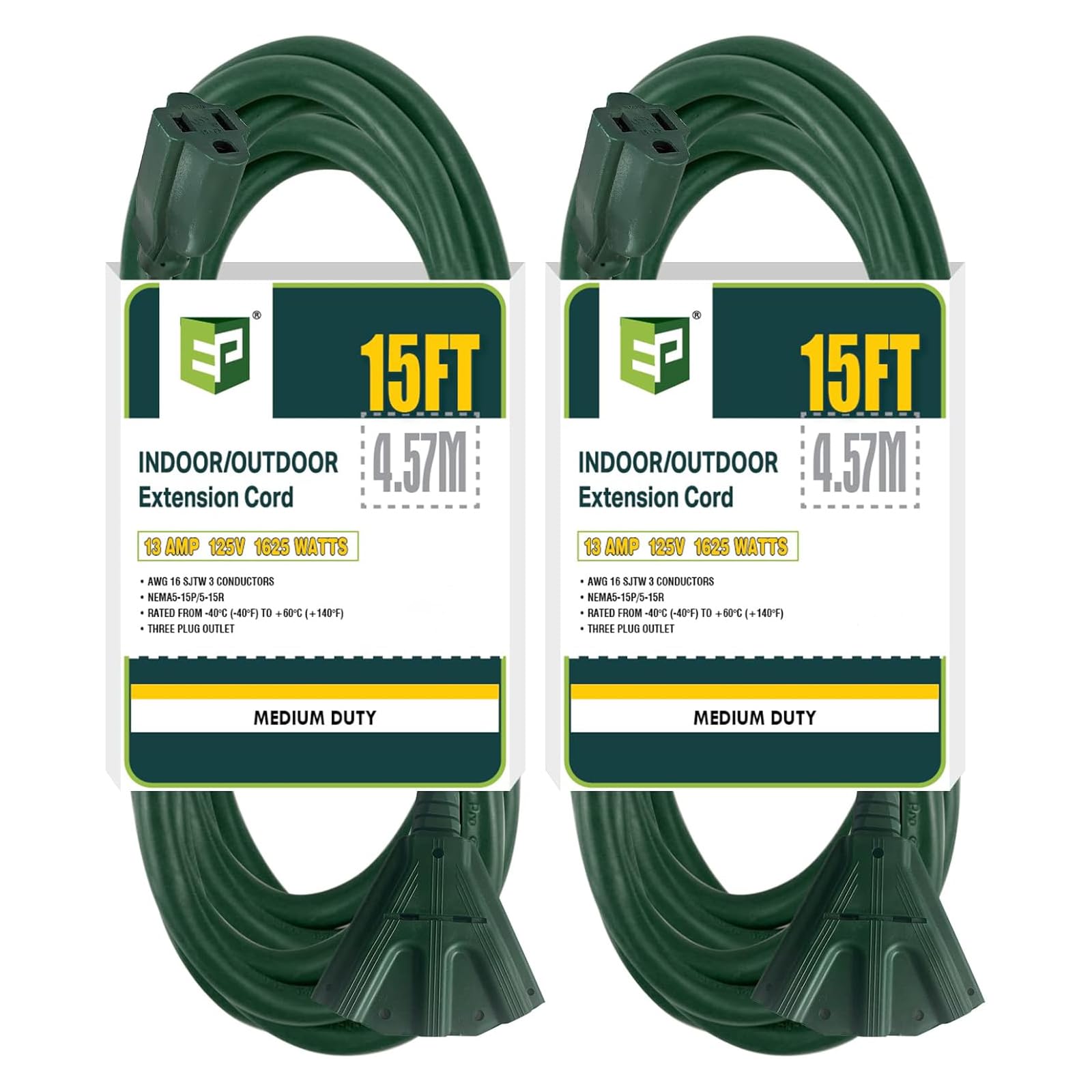 EP 2 Pack 15 Ft Outdoor Extension Cord with 3 Electrical Power Outlets - 16/3 SJTW Green Cable with 3 Prong Grounded Plug for Safety Great for