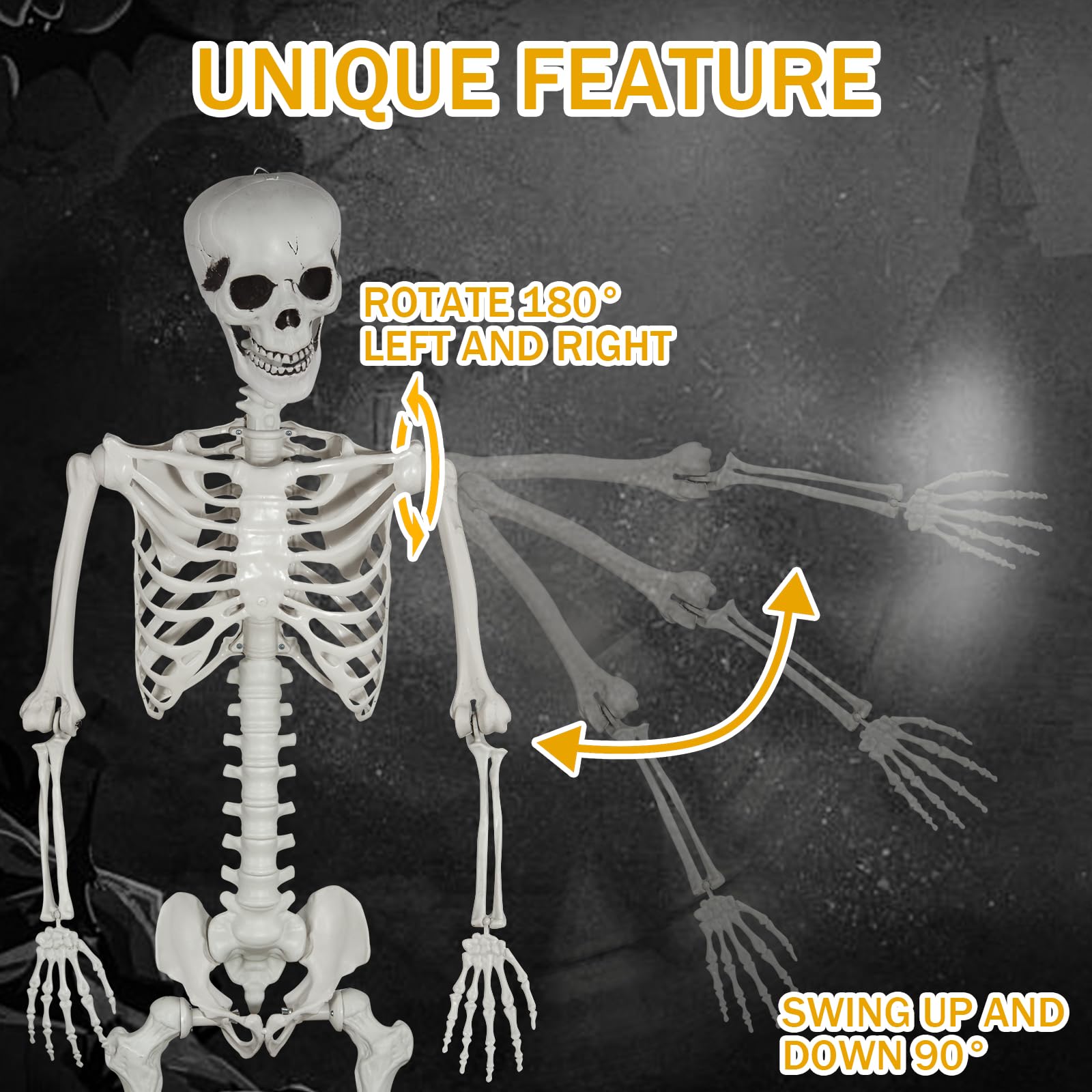 Esqueleto de Halloween de 180 cm, cuerpo completo, huesos de esqueleto humano de tamaño real con articulaciones móviles para decoración de Halloween, escena espeluznante, decoración de fiesta (1