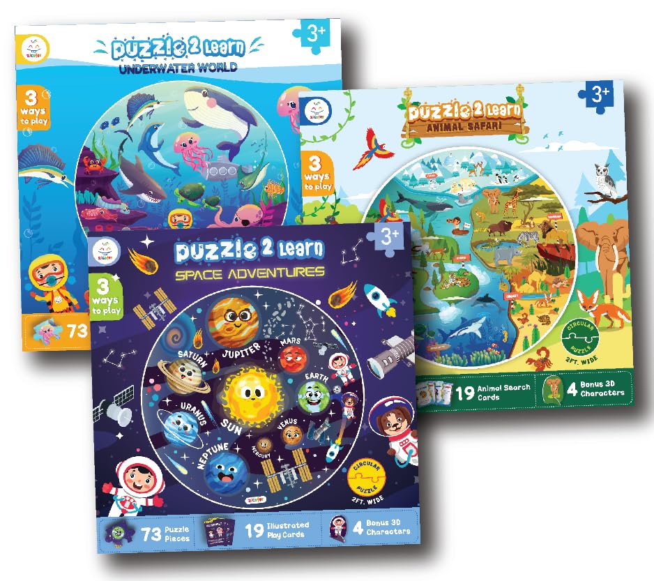 Zicster200 Piece Floor Puzzles for Kids Ages 3-5, 6-8, 3X Set Floor Jigsaw Puzzle - Learn About Solar System, Sea Creatures, Animals of The Jungle Comes with Educational Flash Cards and 3D Figures