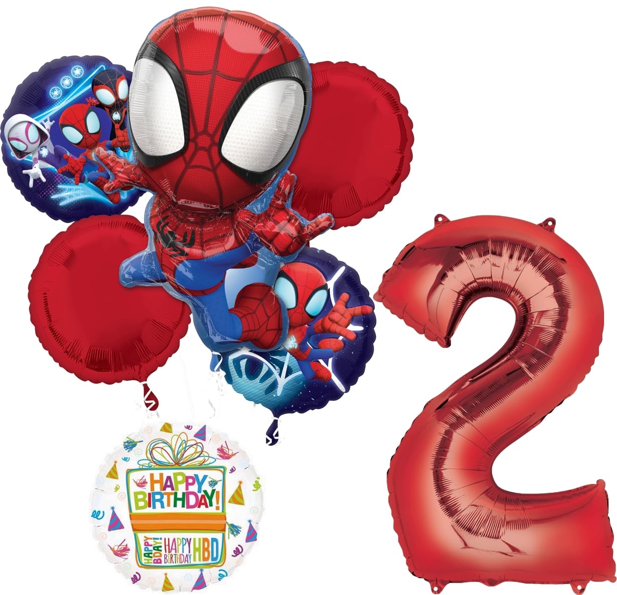 Spidey and Friends 2nd Birthday Party Supplies 7pc Foil Balloon Bouquet Decorations