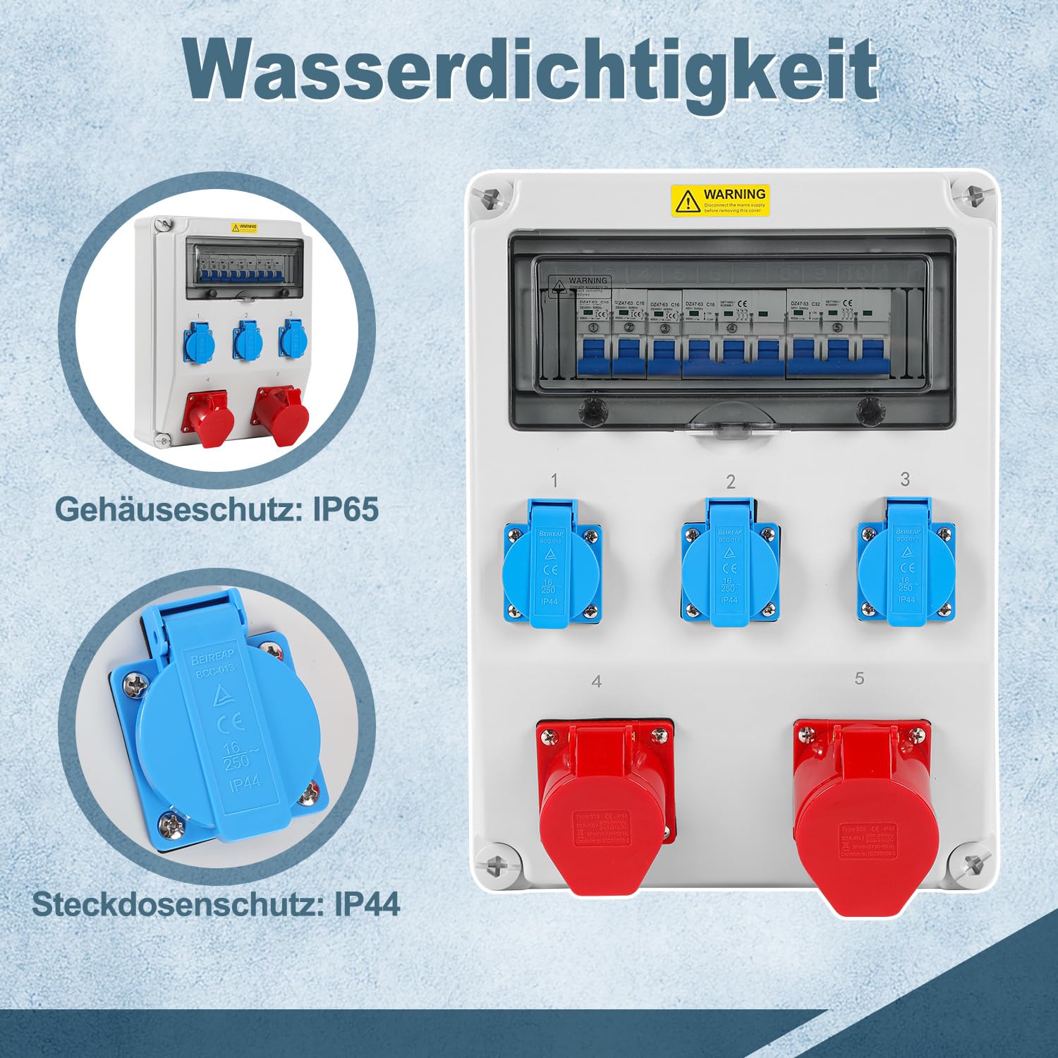 Distributore di corrente IP65 senza FI, con CEE 16A & 32A 400V e Schuko 230V, distributore a parete a 5 poli per cantieri, industrie, interni ed esterni, alloggiamento resistente alle