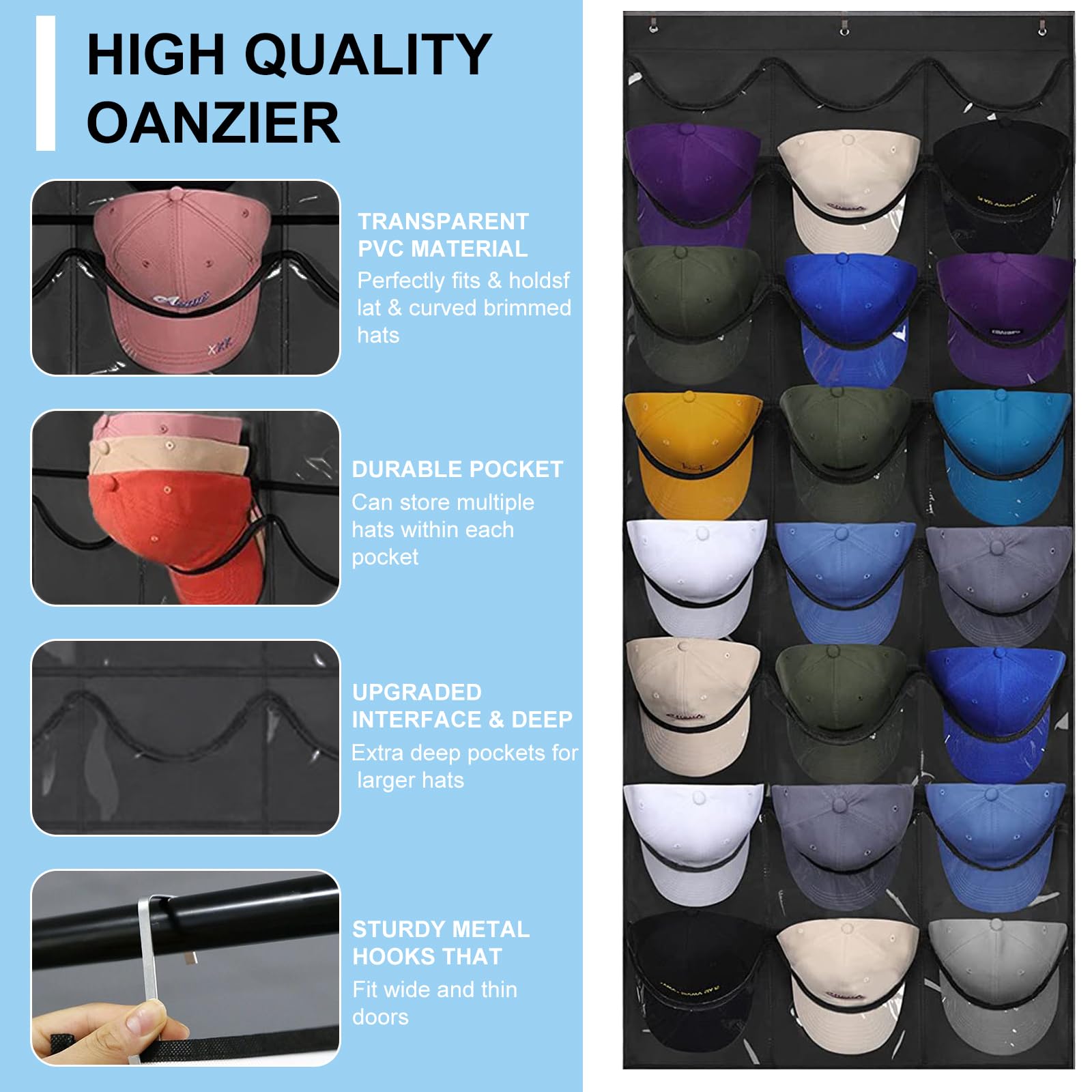 Lot De 2 Organisateurs Porte-Chapeaux Baseball - 48 Poches + 6 Crochets - Rangement Mural Ou Porte