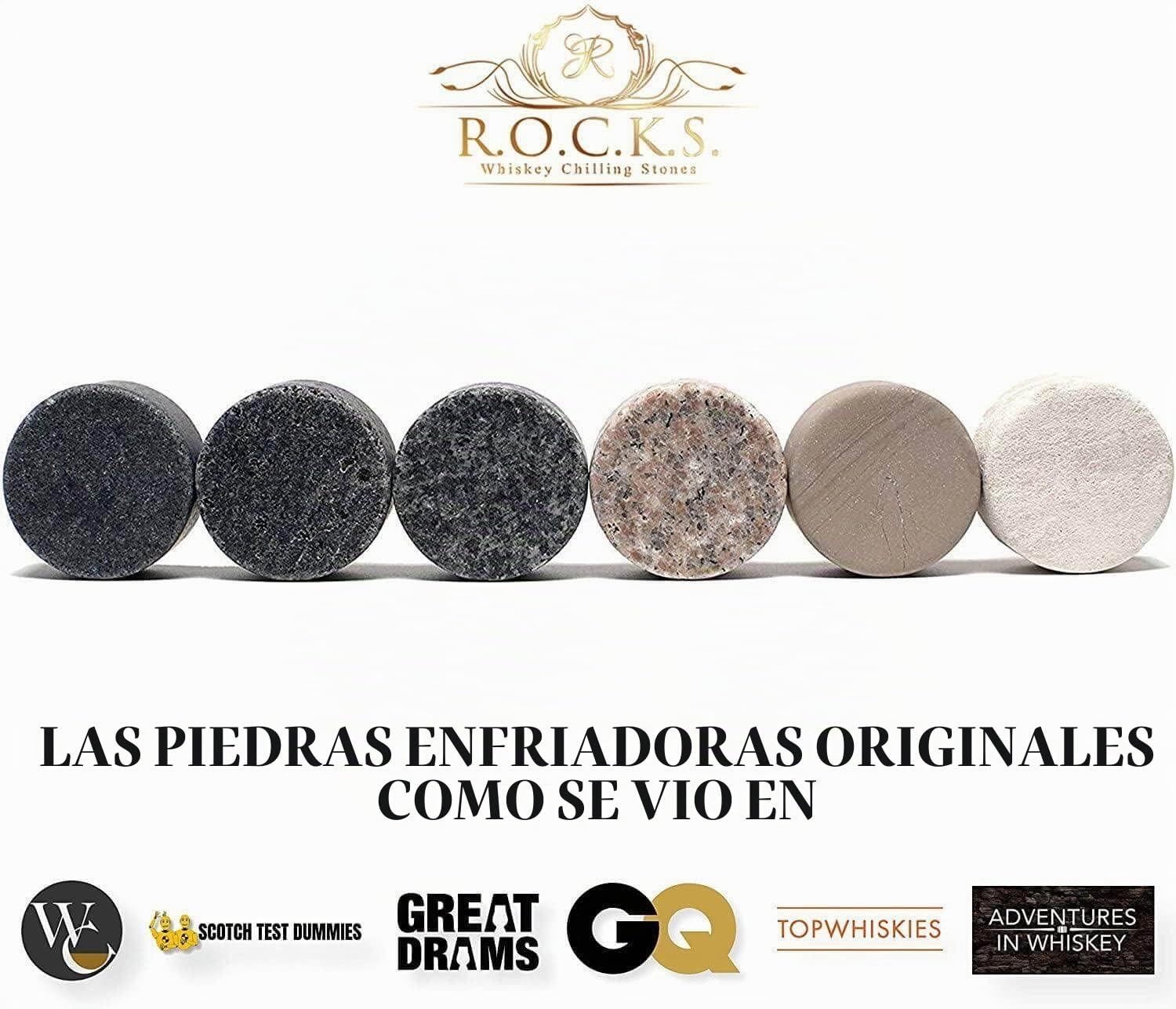 Rocks Set Decantador Whisky con 4 Vasos Whisky Cristal y 6 Piedras para Whisky de Granito – Botella de Cristal para Licor, Whisky, Bourbon con Vasos Whisky Degustación – Caja Regalo con Lámina de Oro