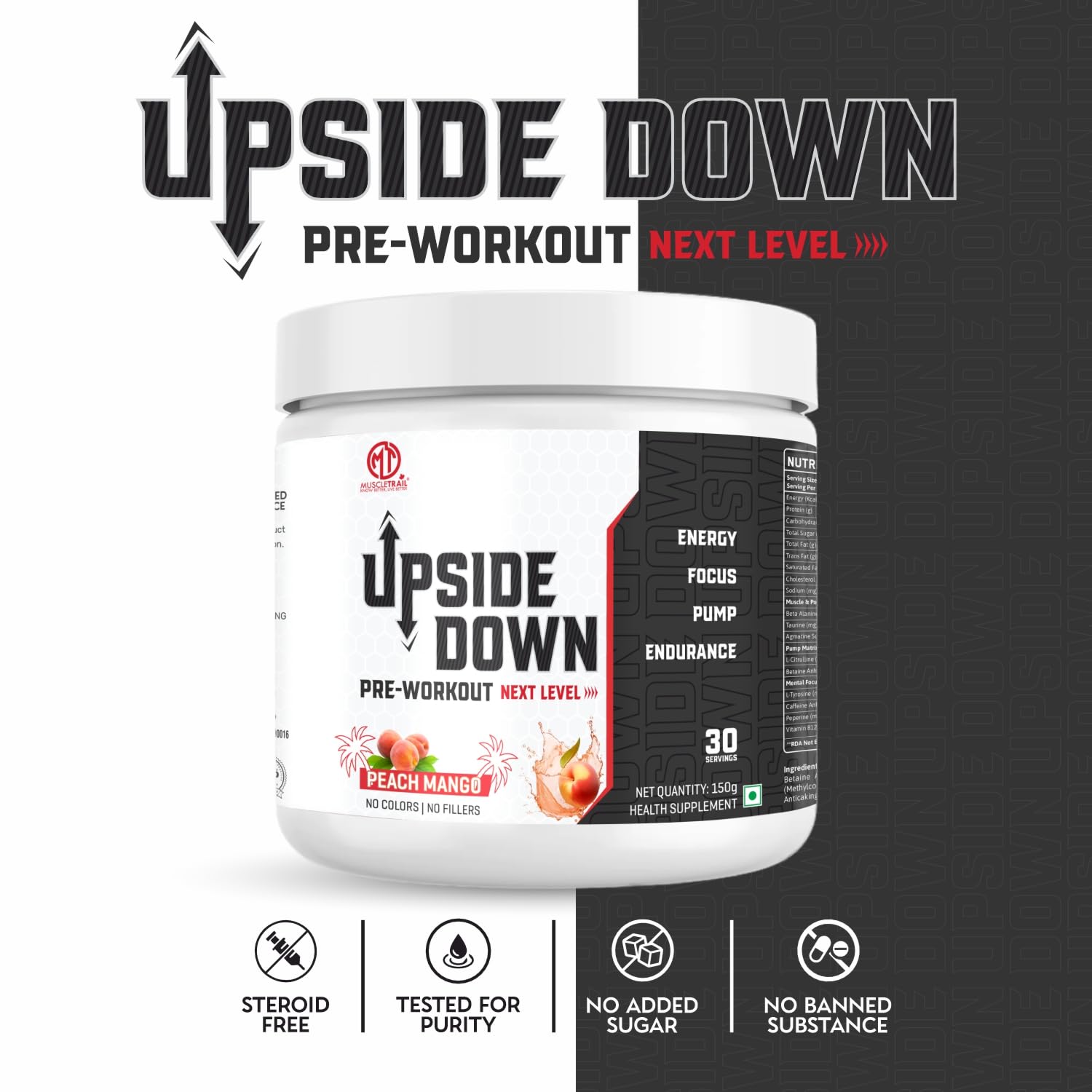 Muscle Trail Upside Down Pre-Workout Supplement, Fruit Punch Flavour, 150g | Caffeine | Theanine | Alanine | Citrulline (150g) — Amazon image 4