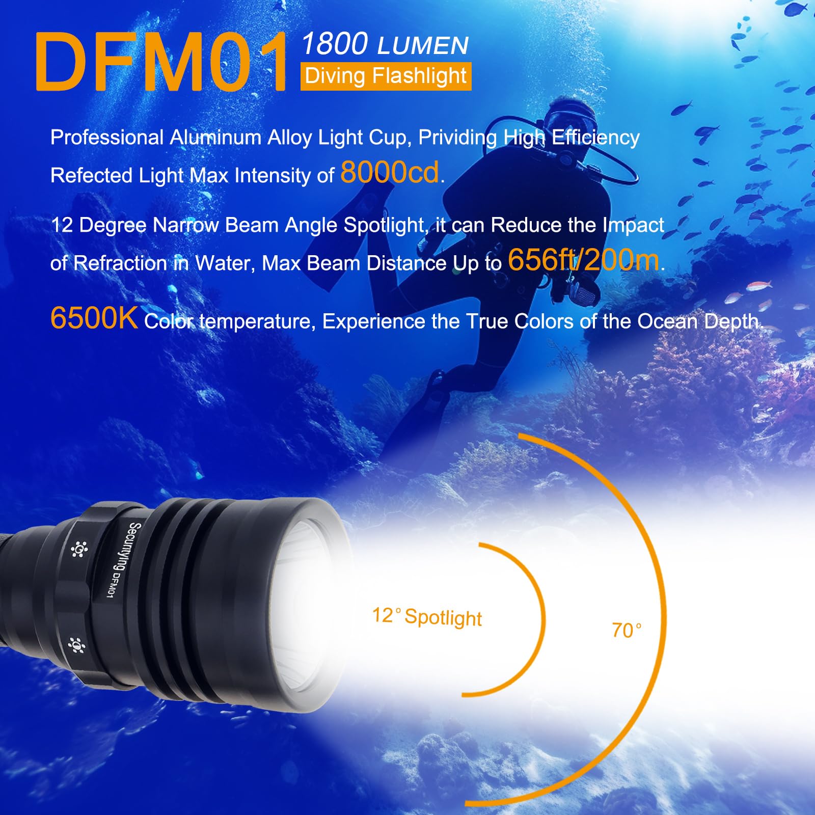 SecurityIng 1800LM Diving Flashlight, 5 Modes Scuba Diving Flashlight, Magnetic Switch, Rechargeable, Waterproof to 100m, Ideal for Scuba Diving, Snorkeling, and Underwater Adventures