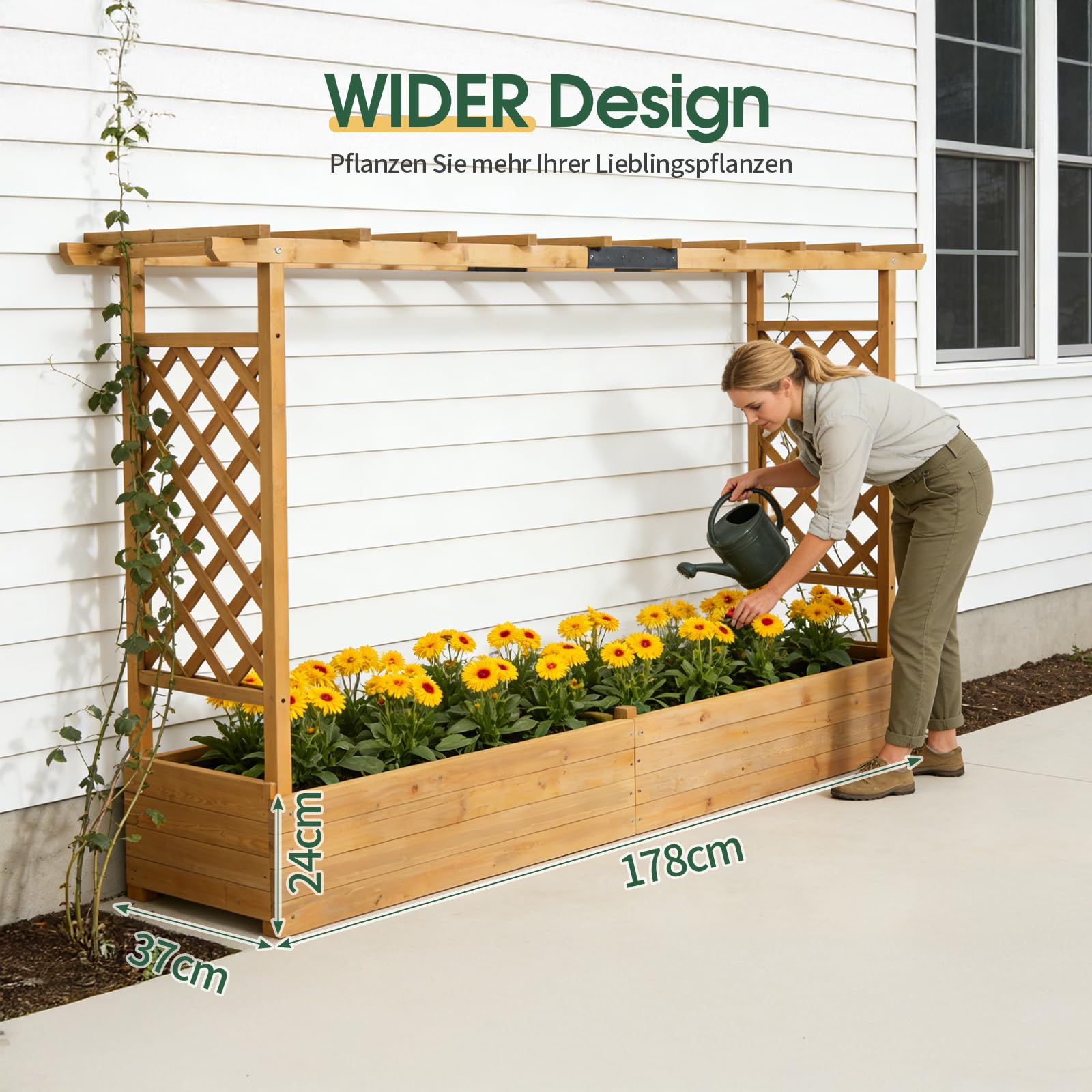 LEADZM pflanzkübel mit rankgitter, Holz Blumenkasten mit rankgitter Ablauflöchern, Hochbeet Balkon für Kletterpflanzen & hängende (Breitere Version(200 x 45 x 113 cm))