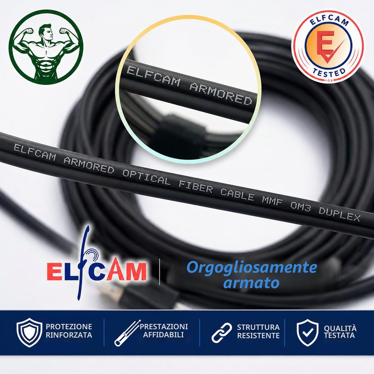 Elfcam® - 150M/492.1ft Cavo Fibra Ottica con Armatura in Acciaio Corrugato LC/UPC per LC/UPC OM3 Multimodale Duplex 50/125um LSZH, Adatto per Installazioni Esterne e Interne, Nero, 150M