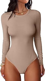 ANRABESS Women Long Sleeve Crew Neck Bodysuits Top 2025 Fall Slim Fit Ribbed Knit Soft Basic Tee Shirts