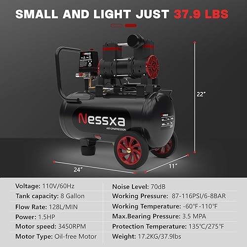 Miniatura 7 de Compresor de aire ultra silencioso de 8 galones, 1.5HP 4.52 CFM, tanque de compresor de aire sin aceite máximo de 115 PSI, 110V60Hz, compresor de
