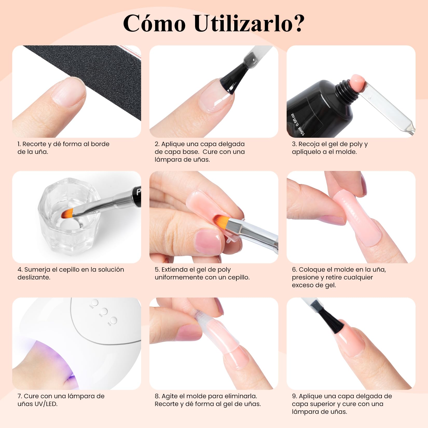 Phoenixy Gel de Extensión de Uñas Completo Set, 8 Colores 15 ML Kit Uñas de Gel con 36W U V/LED Lámpara, Base Top Coat Brillante y Mate Regalos de Nail Art para Principiantes