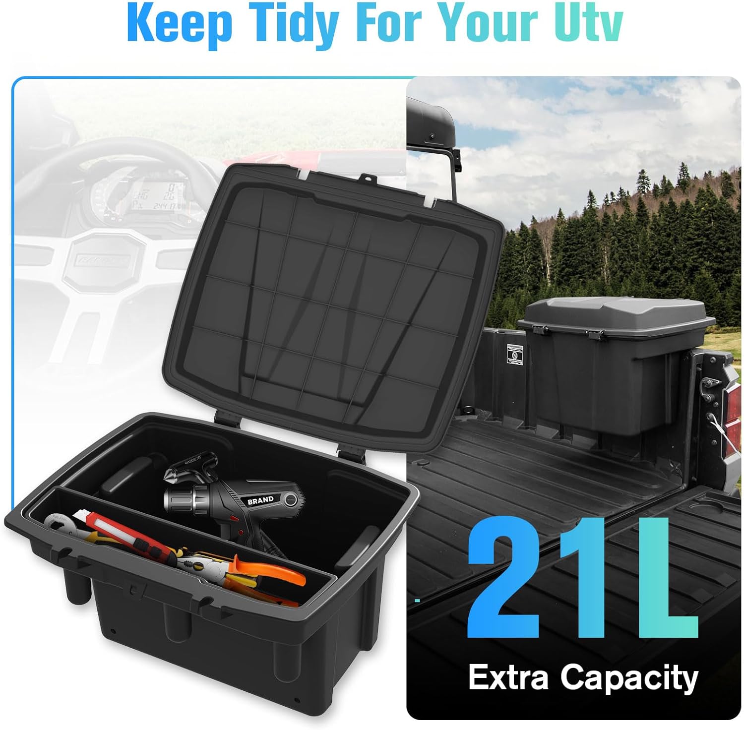 Removable Cargo Storage Box for Polaris Ranger XP 1000 900 570 500/General 1000 2013-2025 Accessories, 21L/5.5 Gal UTV Truck Bed Toolbox