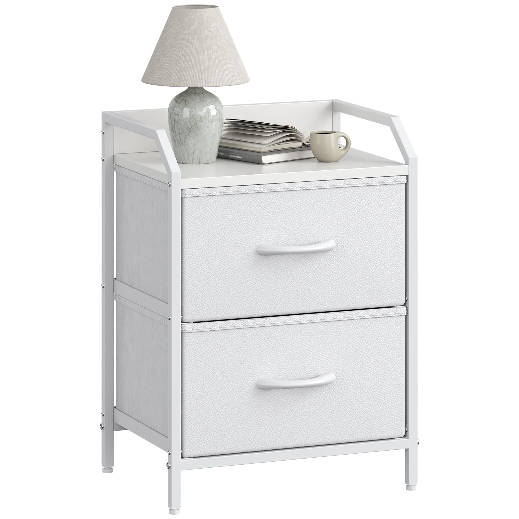 GoaHi White Bedside Table, 2 Drawer Bedside Cabinet Nightstand With Large Capacity Fabric Bedside Drawers, Metal Frame With Wooden Top, 2 Drawer Storage Bed Side Table For Bedroom, White