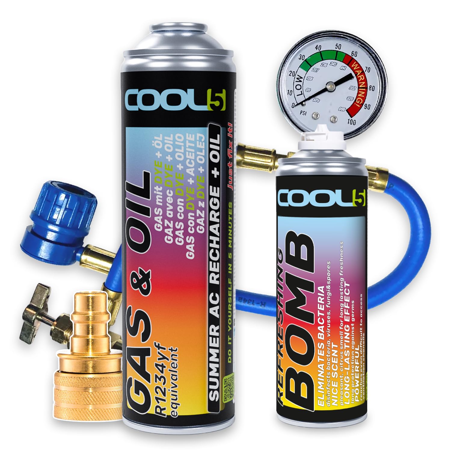 Summer AC Recharge + Öl KIT - Klimaanlagen-Reparaturset - Kältemittel-Gas-Ersatz mit Öl (R1234yf Gas-Ersatz) mit Messschlauch + Adapter YF - für Autos ab Baujahr 2017, 290g + Refreshing Bomb