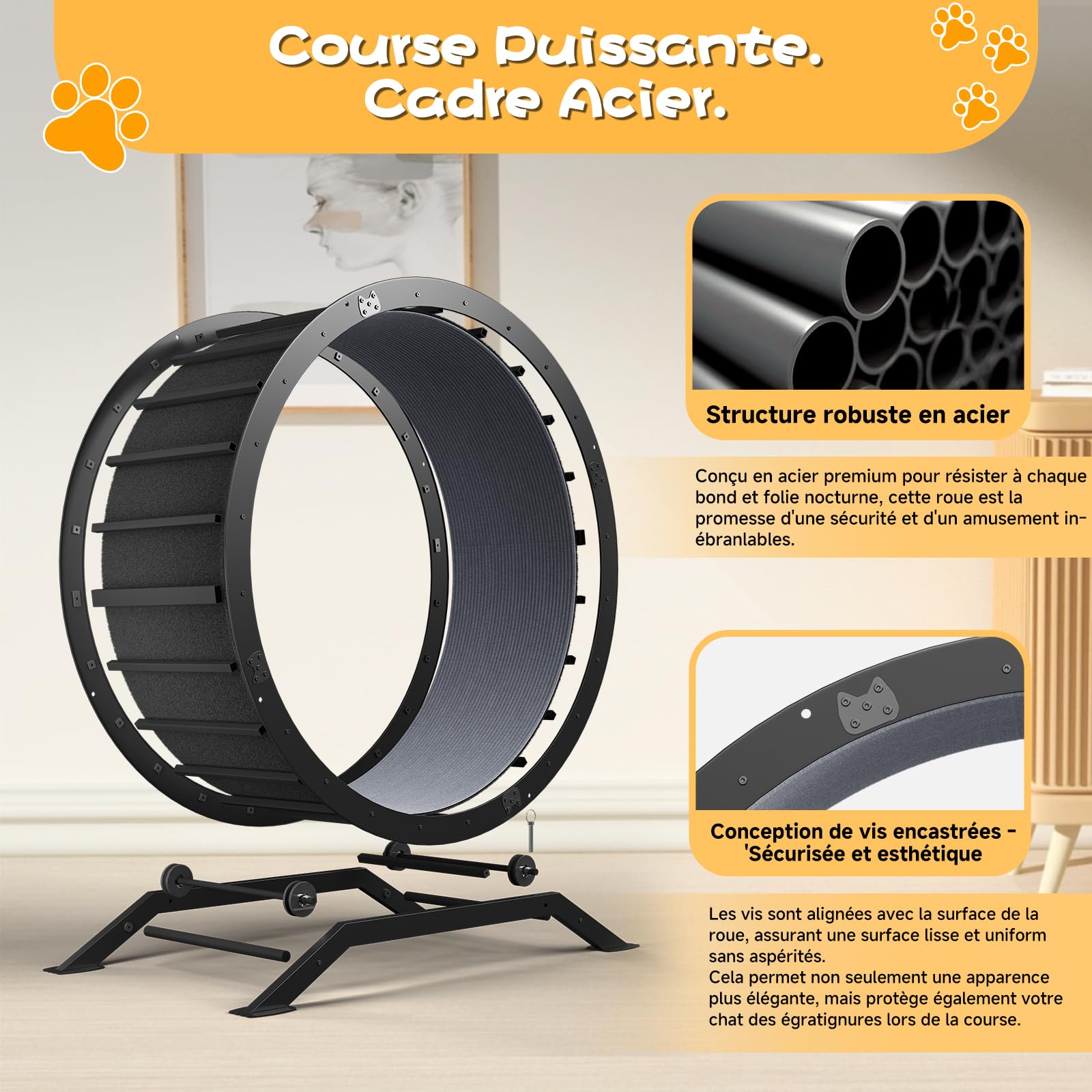 GTPLAYER Roue pour Chat XL 100 cm Ultra-silencieuse Métal Noir avec Tapis Amovible