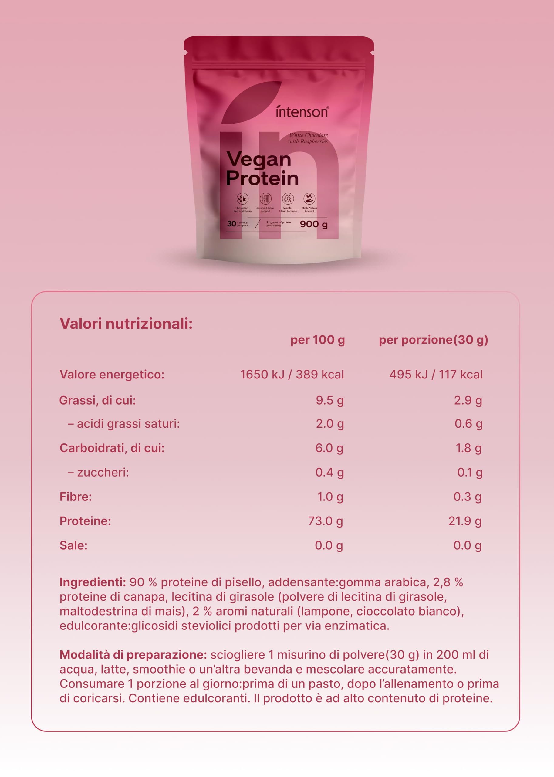 Intenson Vegan Protein Powder Cioccolato Bianco Lampone, 900 g, 21 g Proteine per Porzione, 30 Porzioni, Pisello e Canapa, 100% Vegetale, Senza Lattosio, Senza Glutine, Senza Zucchero, Formula Clean