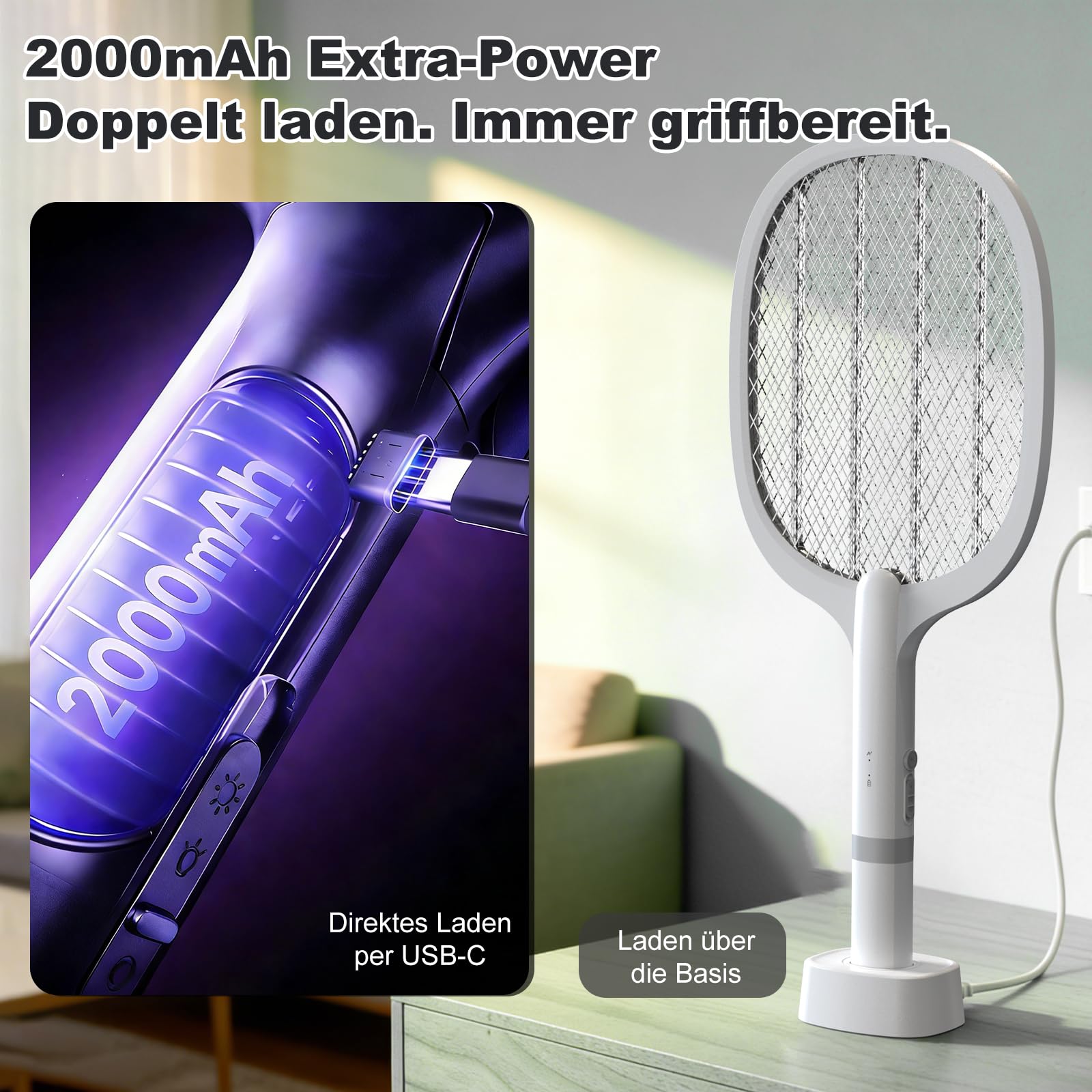 Raquette Electrique Insectes 5000V, 2000mAh,Raquette-Anti Moustique, USB C Rechargeable Raquett e Anti Mouche avec Base Stable, Efficace Contre Les Mouches Insectes