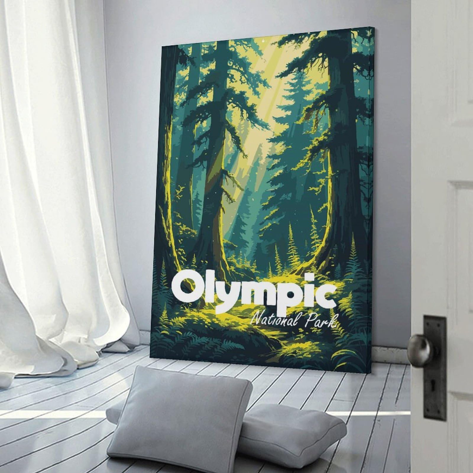 Junmoney Wall Decor Canvas Print Olympic National Park Forest Illustration, 12x18inch(30x45cm), for Study, Office Or Focused Interiors, Wall Art That Adds Style to Work Areas