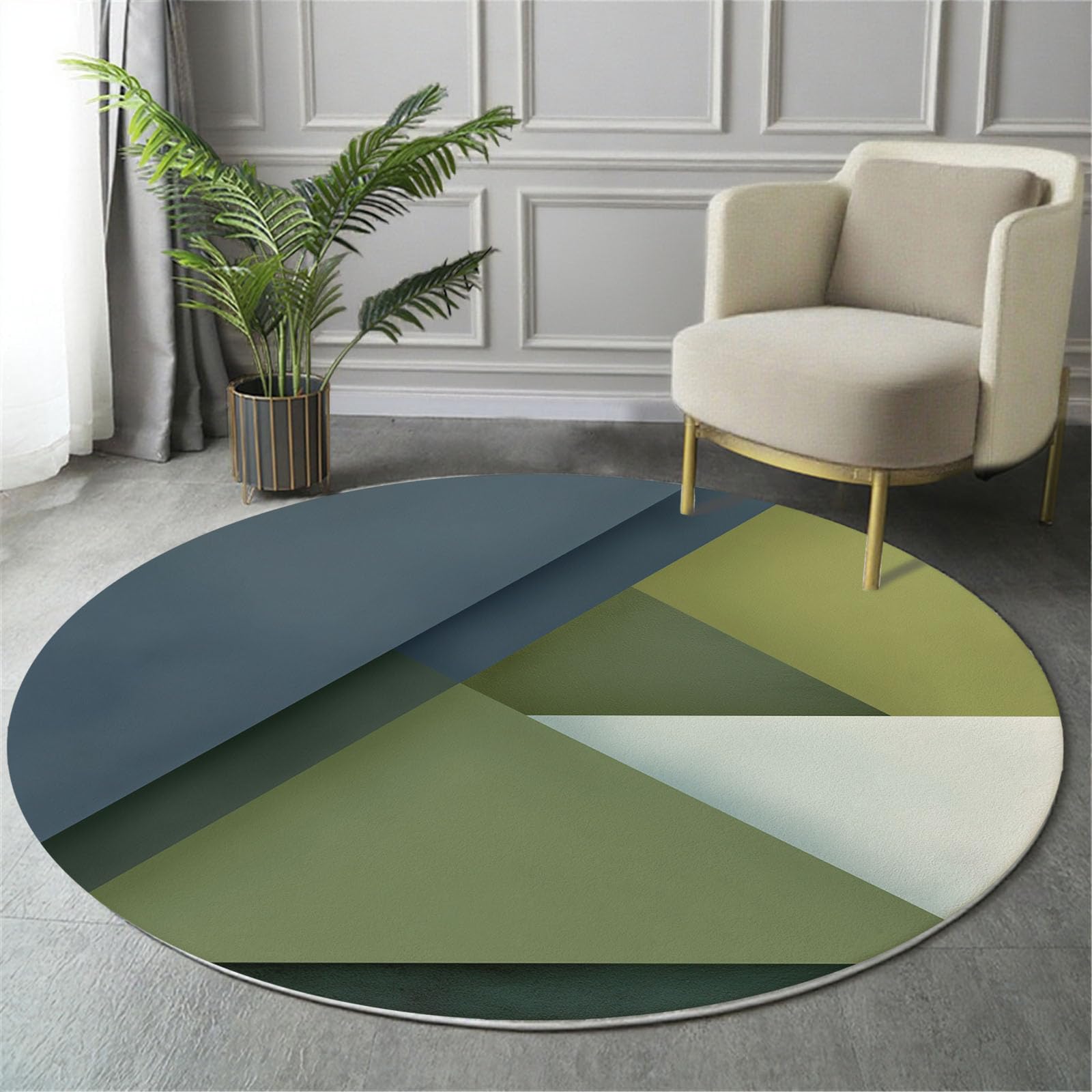 Round Area Rugs 90cm, Triangles Geometry Color Blocks Printed Decor Rugs, Minimalist Style Low Pile Non-Slip Green Circle Rugs, Pet & Child Friendly Carpets for Living Room Bedroom