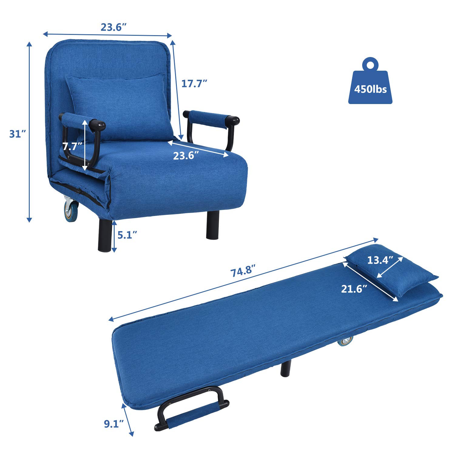 Convertible Sofa Bed Sleeper Chair with Wheels, Modern Chaise Lounge 5