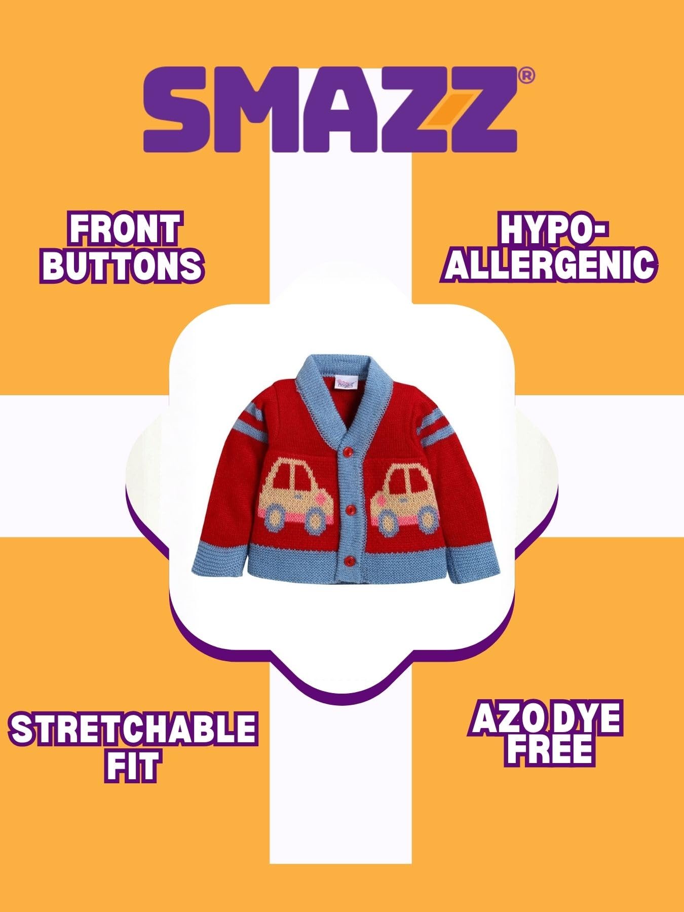 SMAZZ Baby Woolen Cardigan Crew Neck Sweater in Red Color for Baby Girl & Boy in 1 to 2 Years with Car & Truck Pattern 3