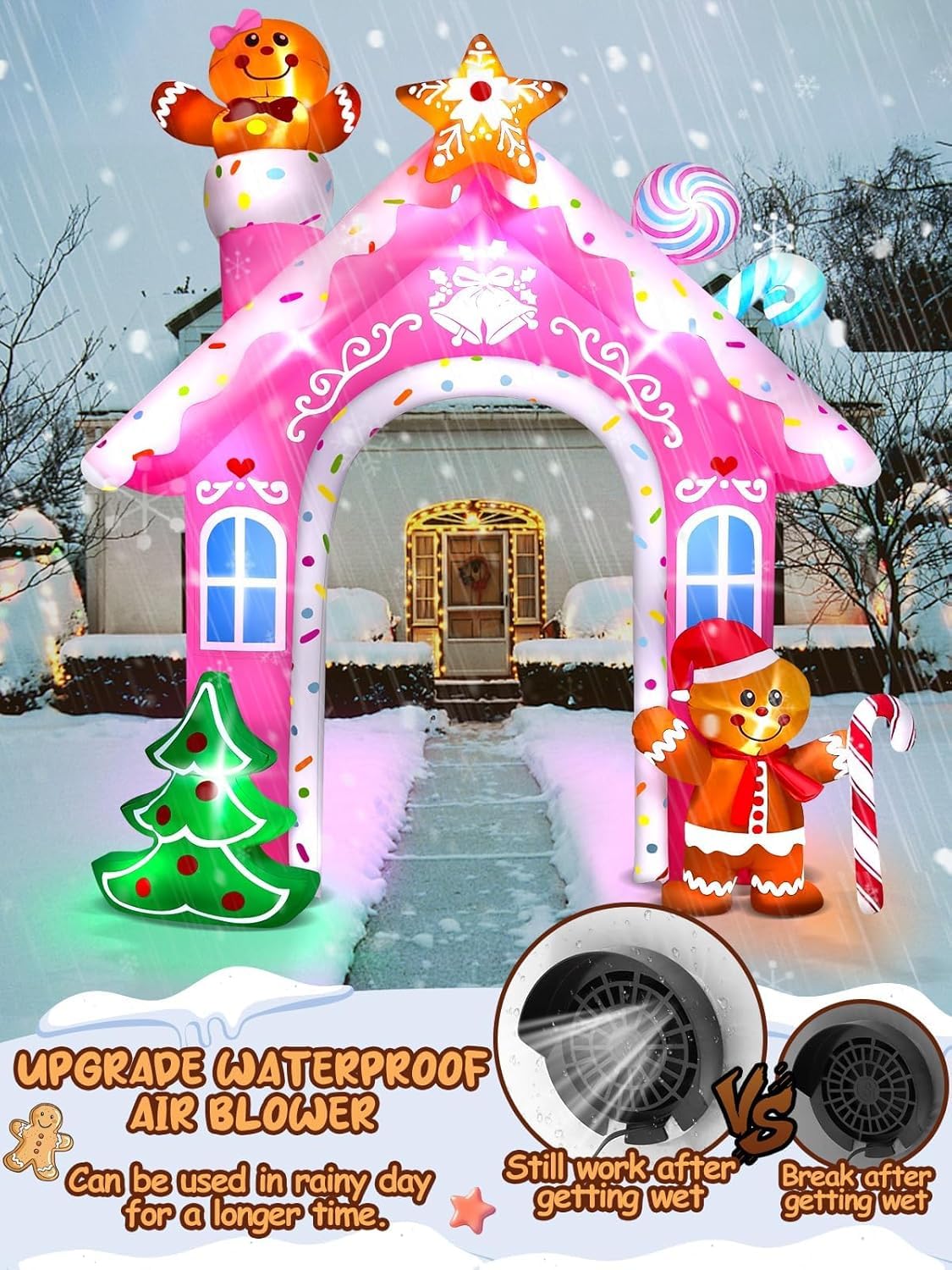 Kalolary Décoration Gonflable de Noël, D'épice Géante avec Lumières LED Intégrées pour Fête, Intérieur, Extérieur, Pelouse, Jardin (Arche en Pain d'épices)