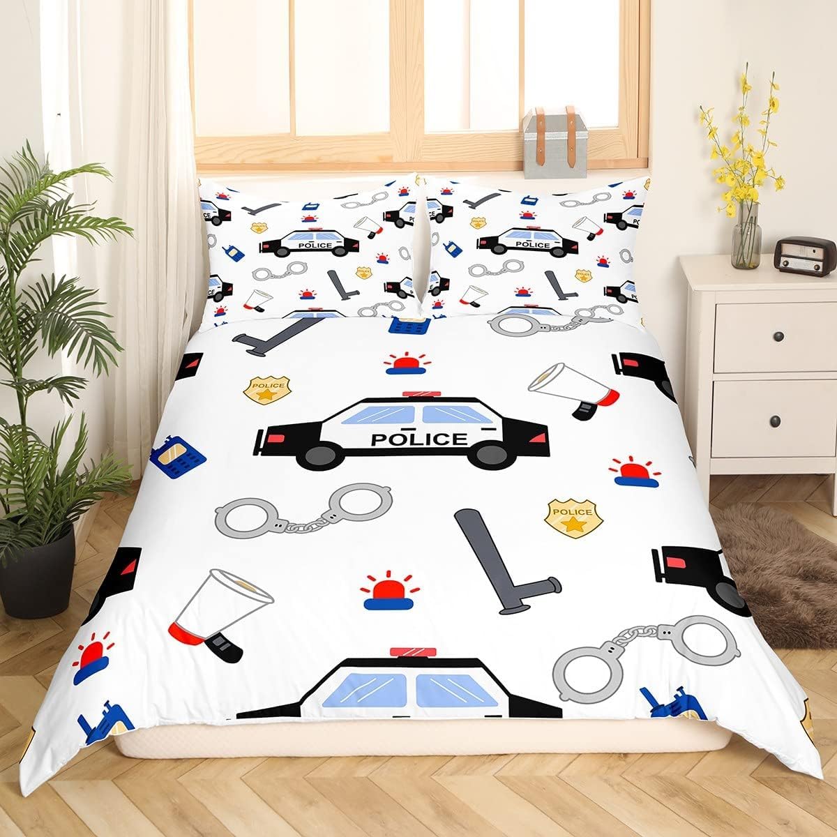 Loussiesd Polizei Auto Bettwäsche Set 135x200cm Polizist Fahrzeug Tröster Abdeckung Auto Weiß Bettbezug Set Cartoon Auto Muster Bettbezug Kinder Jungen Mädchen Schlafzimmer Dekor Mit 1 Kissenbezug