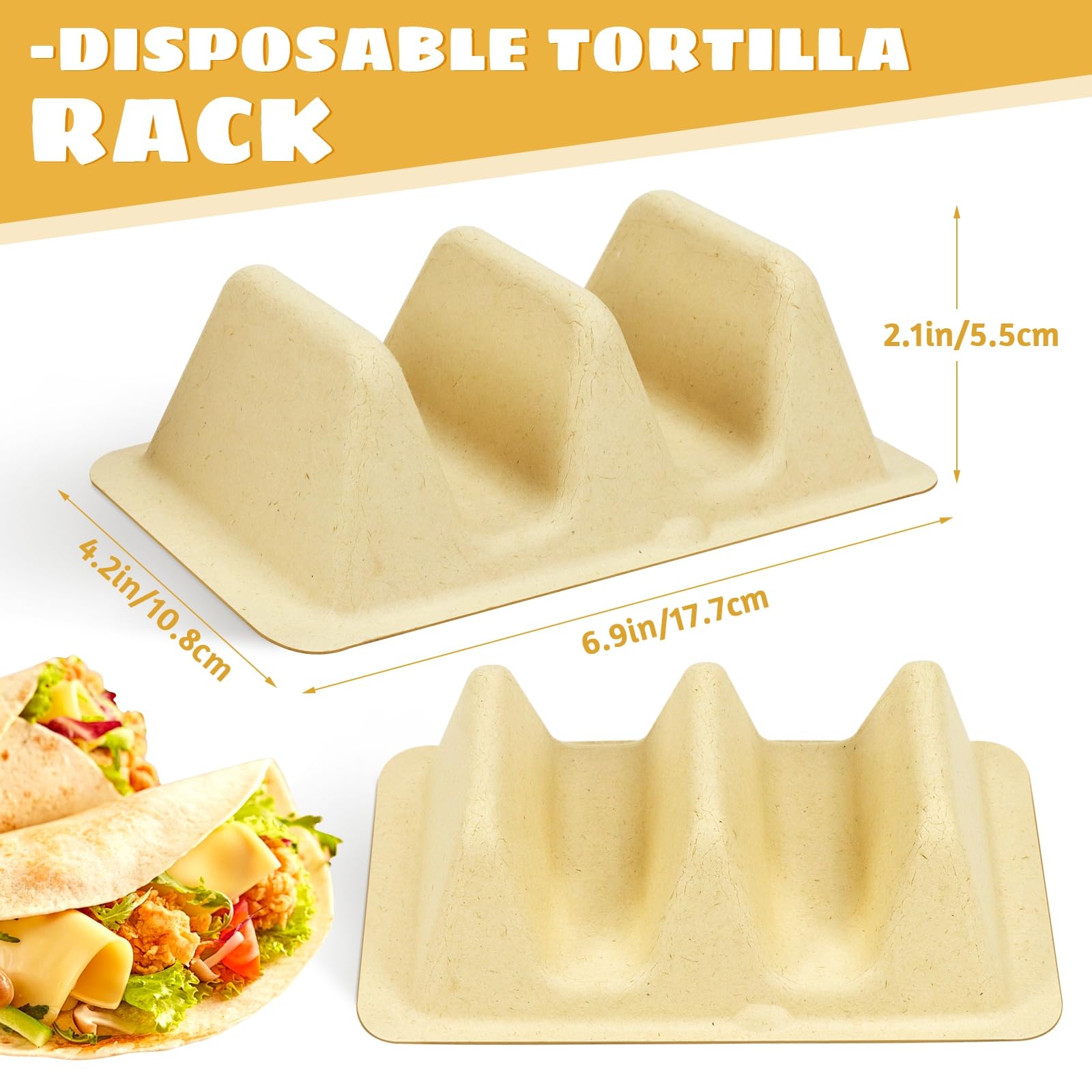 VOKOY 50 Pack Disposable Taco Holders with 2 Dividers, Bagasse Pulp Fiber Recyclable Biodegradable Taco Stand Up Divider Taco Plates Trays for Taco Party Taco Tuesday Taco Bar Supplies
