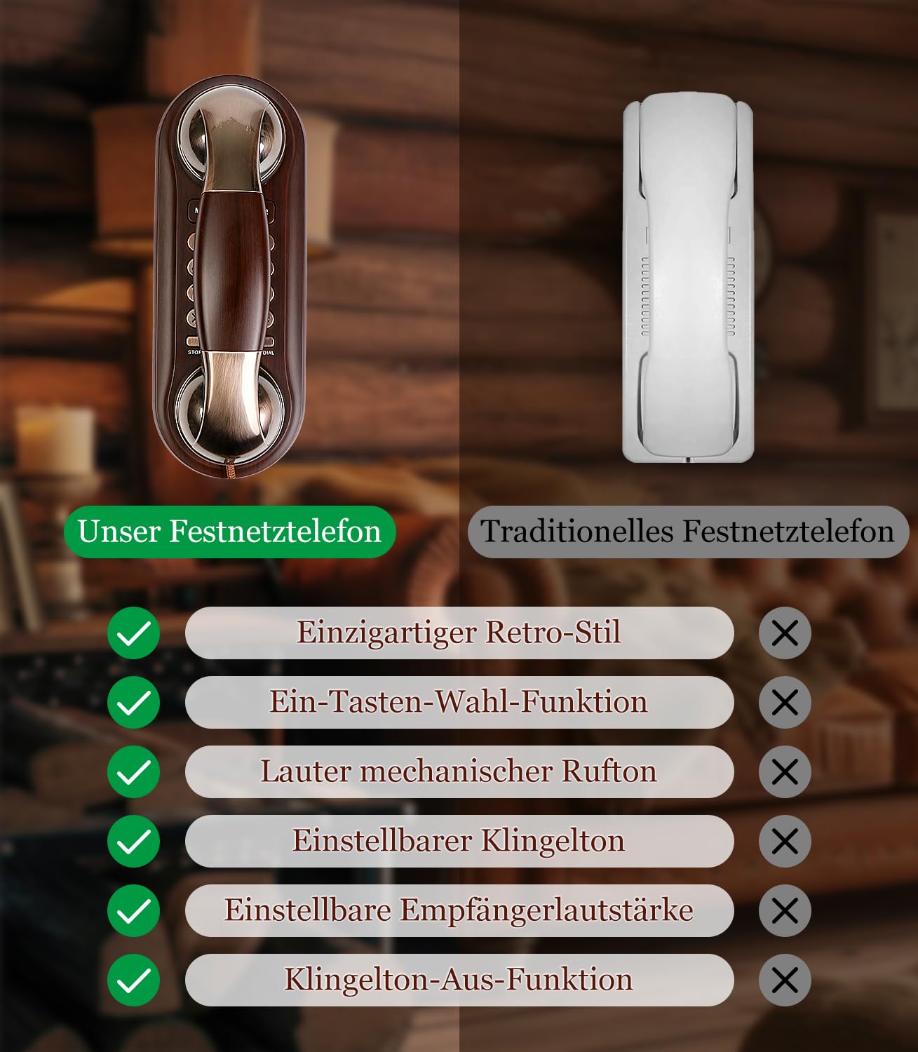 Retro Telefon Wandtelefon mit Metallklingel Vintage Schnurtelefon, Analog, Lautstärkeregler, Nostalgie Telefon, altes Telefon mit EIN-Tasten-Wahl Ideal für Zuhause, Küche, Büro, Haustelefon