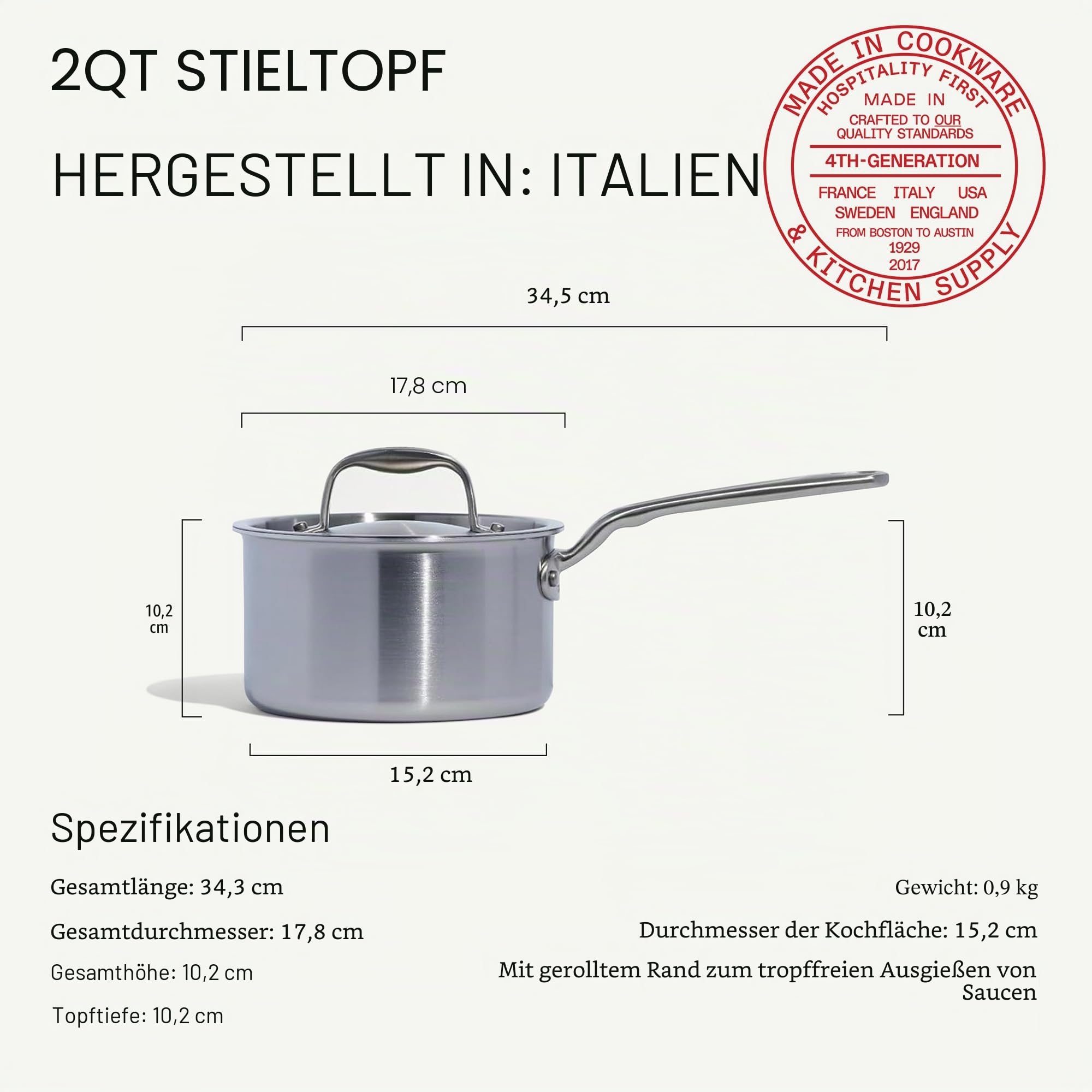Made In Cookware – 1,89 l Edelstahltopf mit Deckel – 5-lagiger Soßentopf mit Edelstahlbeschichtung – Professionelles Kochgeschirr – Hergestellt in Italien – Induktionskompatibel