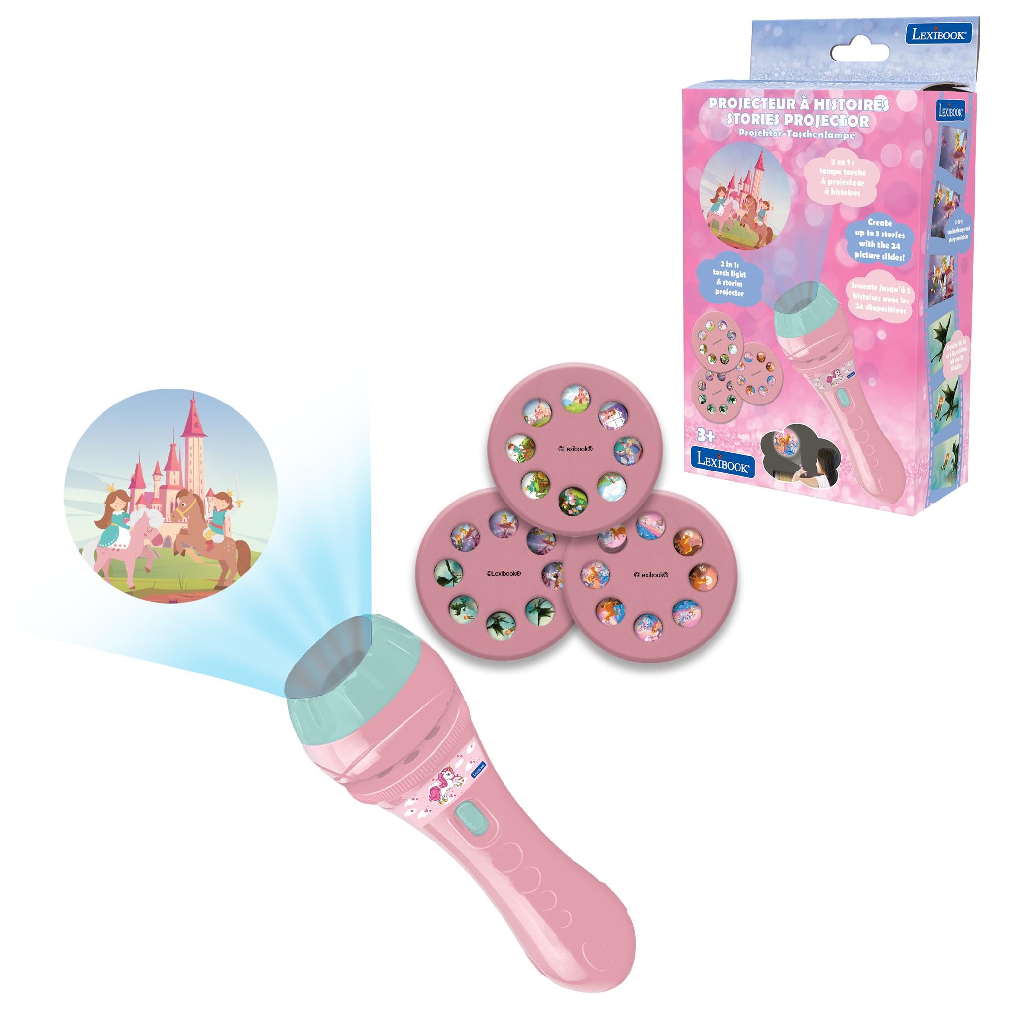 LEXIBOOK - Unicorn - Stories projector, torch light and projector with 3 discs, 24 images, create your own stories, LTC050UNILXB