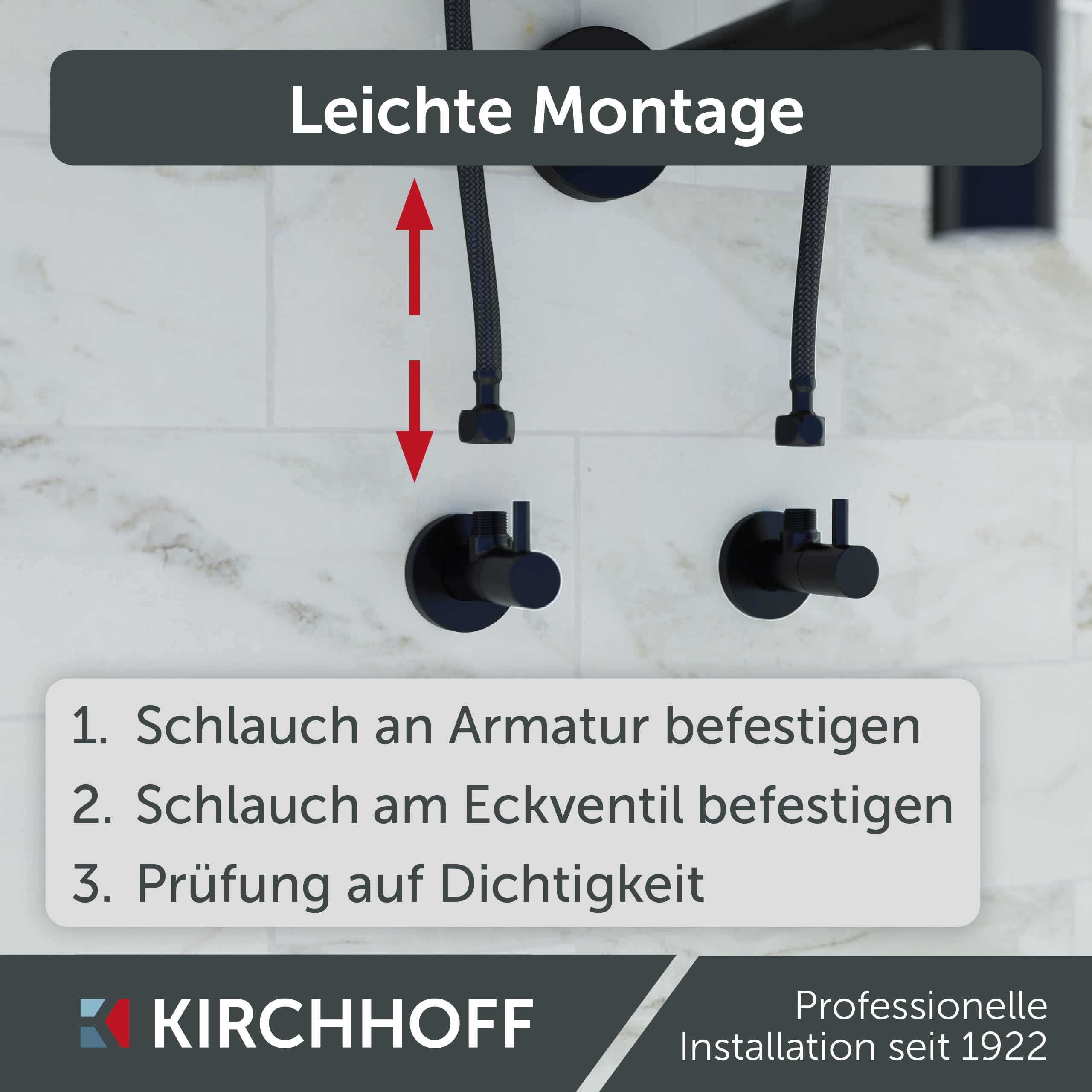 Bundle aus KIRCHHOFF Design Universal Eckventil mit Schnellverschluss + Design Siphon, Matt Schwarzer Abfluss, Ablaufgarnitur für Waschbecken + Flexibler Anschlussschlauch in schwarz