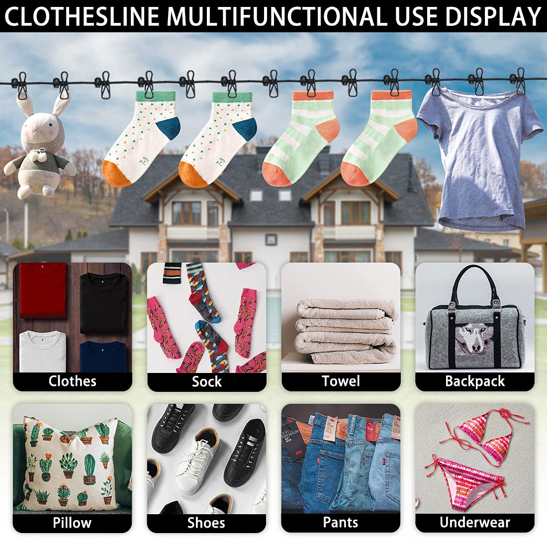 YuYueWeiXiao Draagbare waslijn, outdoor waslijn, intrekbaar met 12 clips en 13 stuks positioneringsgespen voor reizen, vakantie, outdoor, camping, 180-360 cm