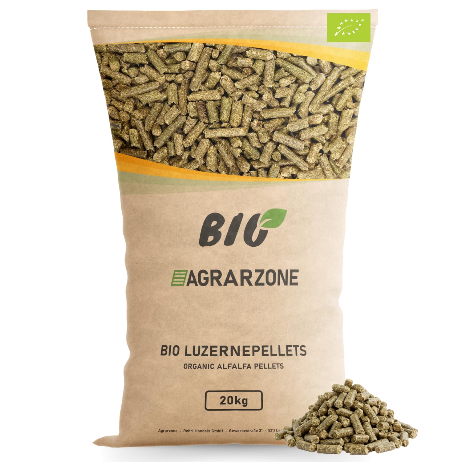 Agrarzone Pellets de Luzerne Bio 20 kg - Qualité 100% Bio - Pellets de Luzerne Premium comme substitut de fourrage Grossier - pour l'alimentation des Chevaux, chèvres, Poules et Petits Animaux