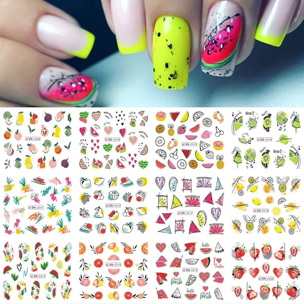 Fruit Nail Stickers Decals for Kids Cute Nail Art Stickers Watermelon Lemon Apple Strawberry Orange Design for Girls Kids Nail Decoration 12 Sheets