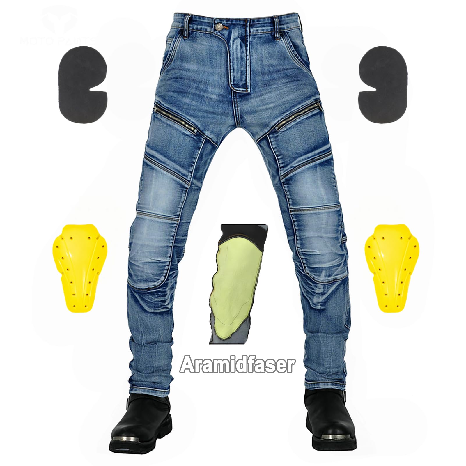 Motorradjeans Herren mit Aramid & Protektoren - Stretch Motorradhose Herren Abriebfest - Biker Jeans inkl. Knie- und Hüftschutz (Herausnehmbar) - Atmungsaktiv