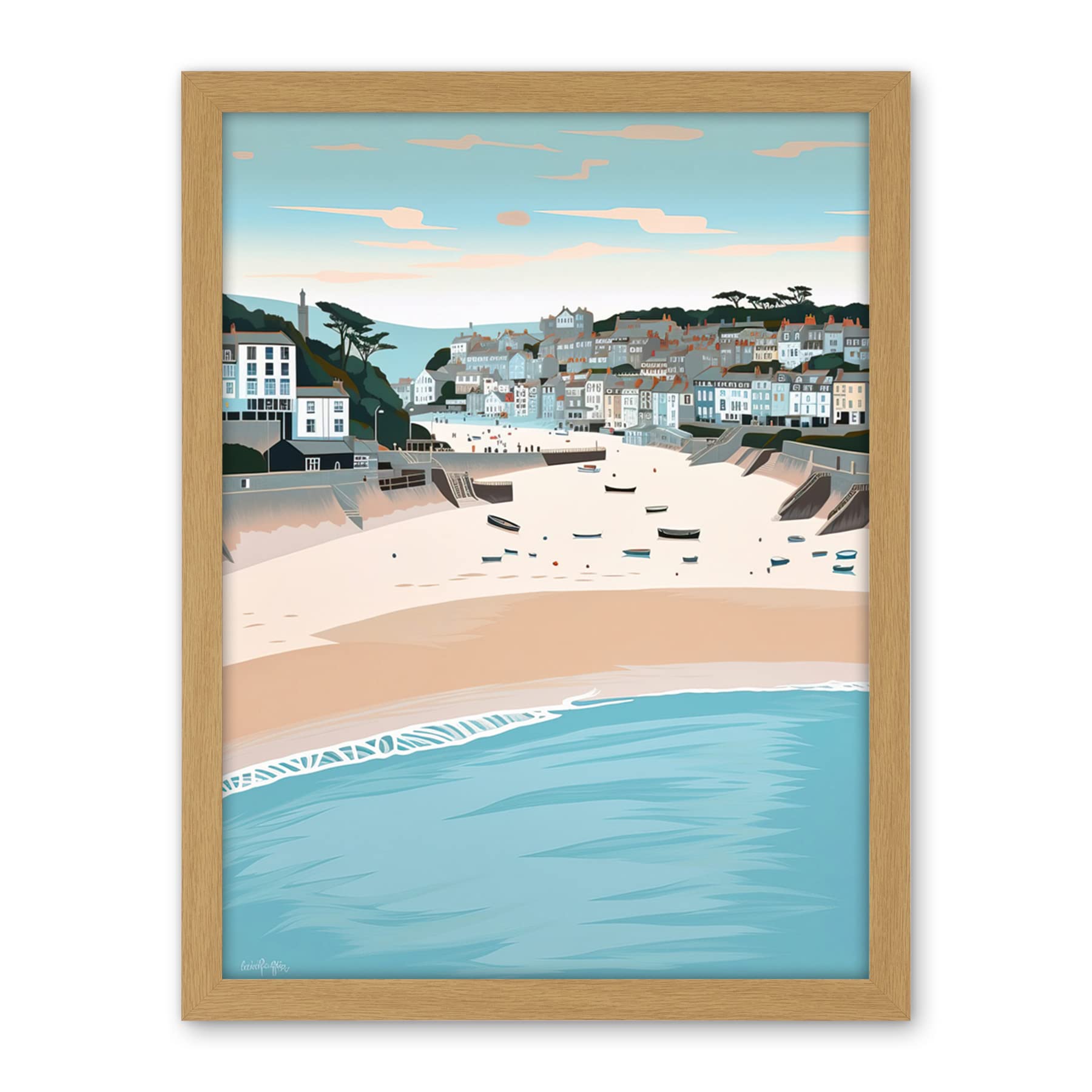 Artery8 St Ives Bay Summer Pastel Colour Coastal Cityscape Artwork Framed Wall Art Print 18X24 Inch