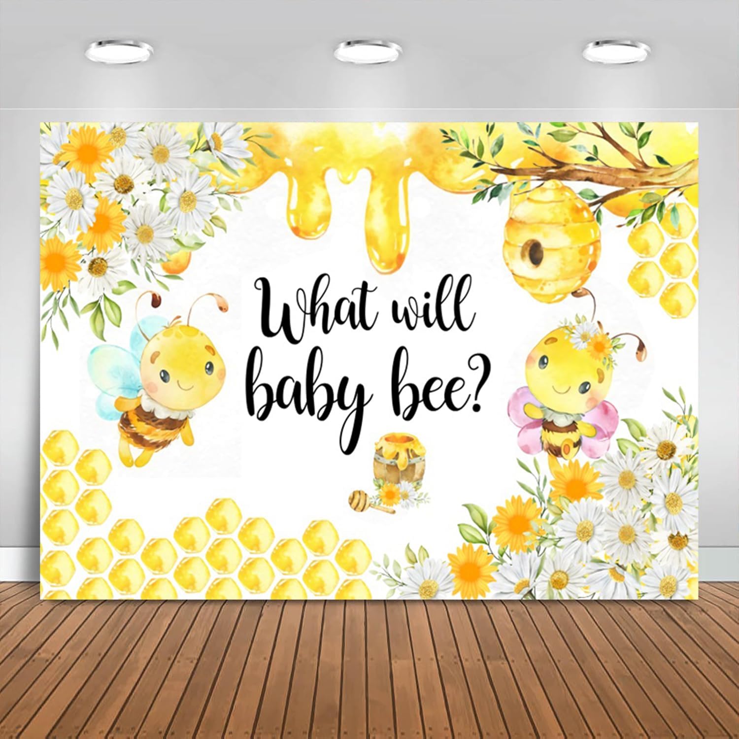 7x5FT Gender Reveal Backdrop Honeycomb Bee Sunflower What Will Baby Bee Photography Background Gender Reveal Baby Shower Party Decorations Banner Photo Booth Props