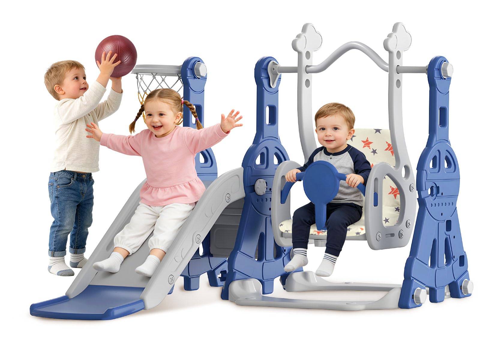 BIERUM 4-in-1 toddler slide and swing set with climber and basketball hoop