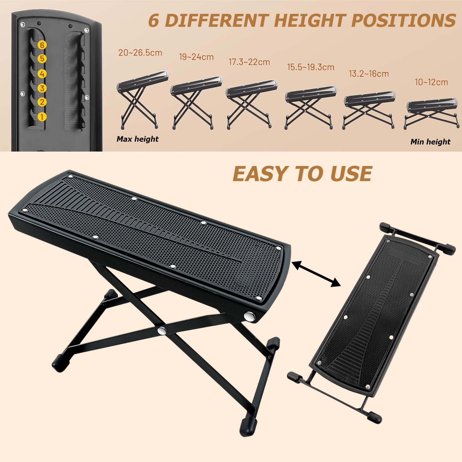 Reposapiés ajustable para guitarra: reposapiés de guitarra estable, reposapiés plegable con base de goma antideslizante, silla de pie en 6 niveles de altura ajustable para guitarristas, niños,