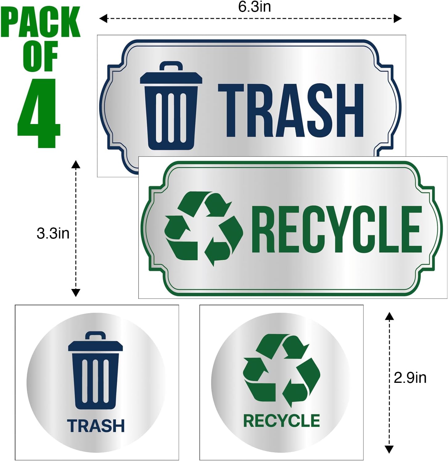 Trash and Recycle Stickers 4-Piece Set - Sorting Sign for Indoor, Outdoor Use - Waterproof Silver Finished Self-Adhesive Labels for Trash Can